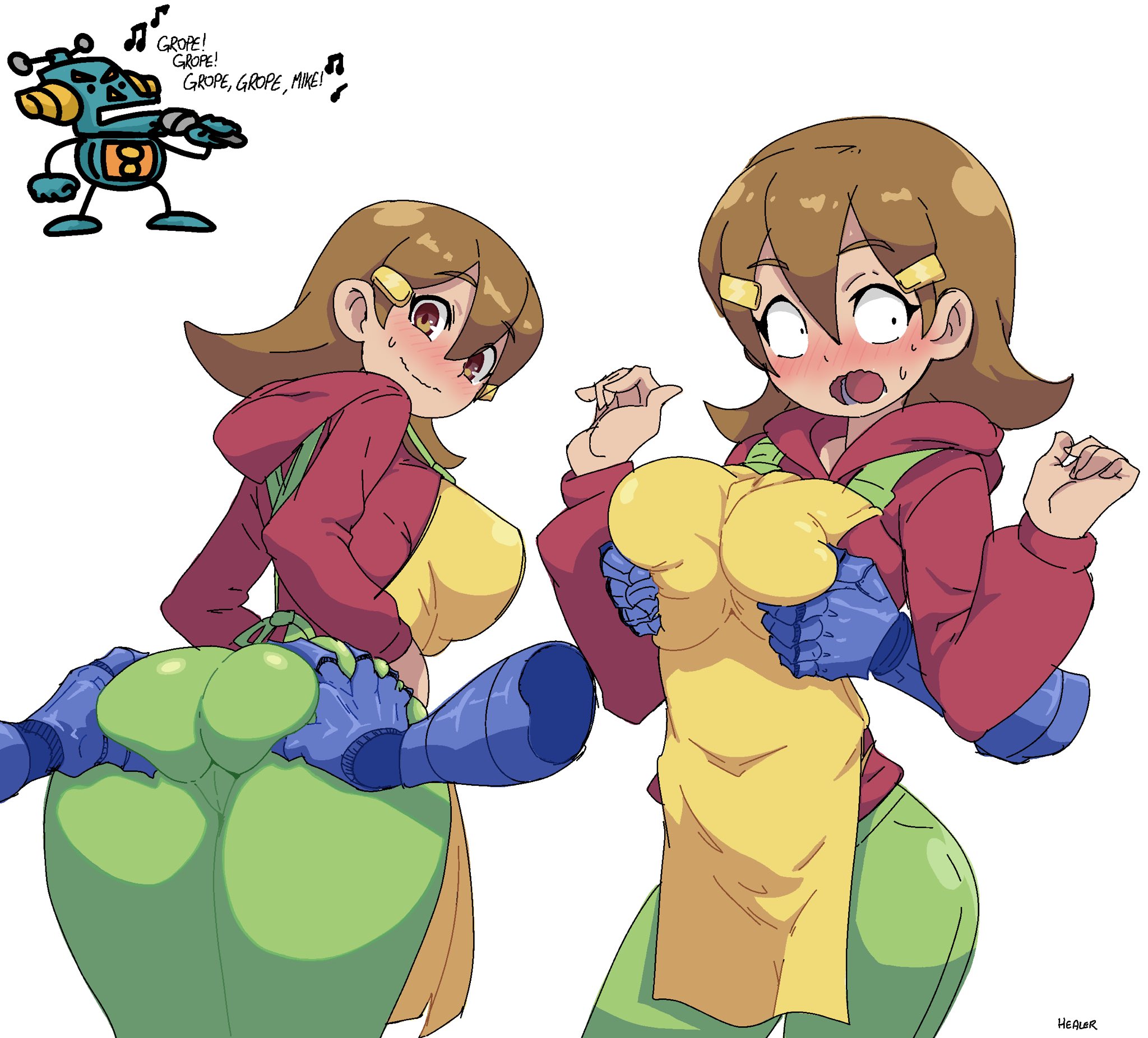 1girls, 5-volt, apron, ass, ass grab, blush, breast grab, breasts, brown hair, female, groping, groping breasts, groping from behind, healerart, looking back, mike (warioware), milf, nintendo, surprised, warioware, wide eyed