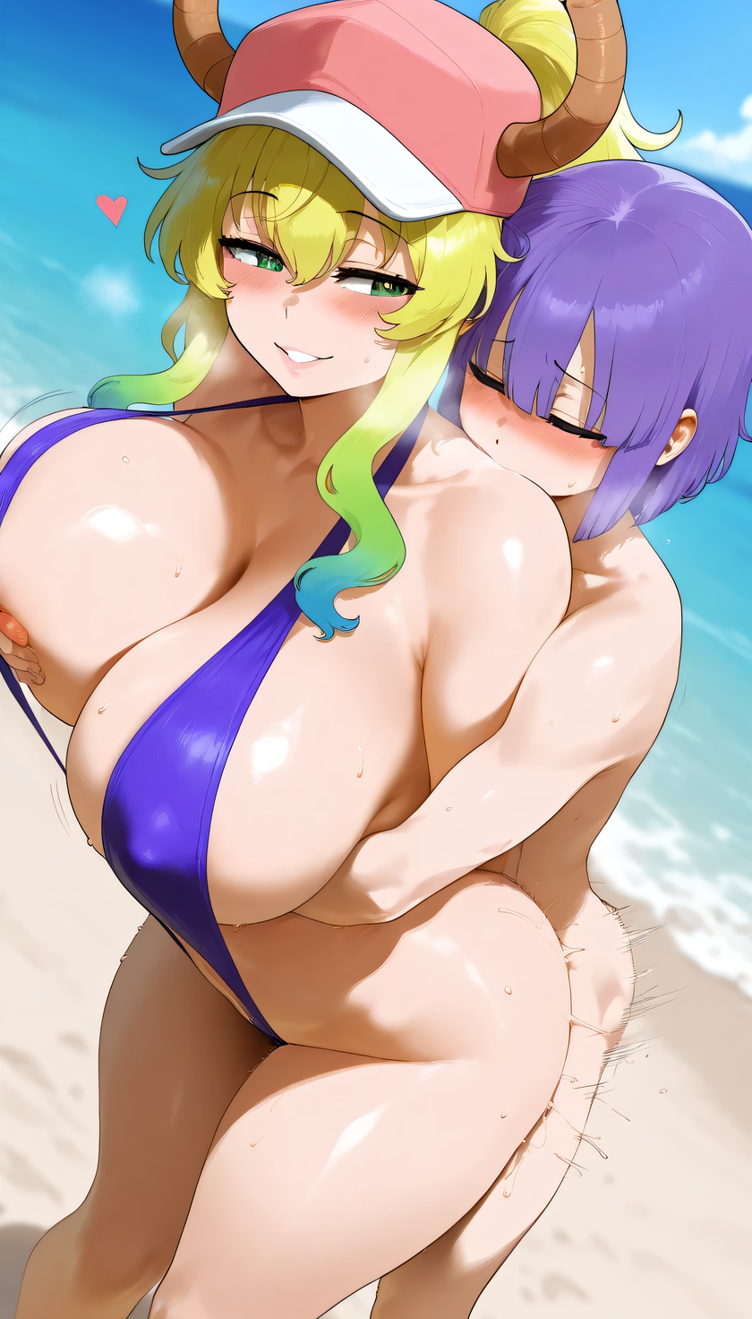 age_difference ai_generated anal anal_sex baseball_cap beach big_ass big_breasts bikini breasts cap from_behind from_front_position front_view green_hair high_ponytail horn hug huge_ass huge_breasts jorai123 kobayashi-san_chi_no_maidragon lucoa lucoa_(maidragon) magatsuchi_shouta miss_kobayashi's_dragon_maid multicolored_hair on_beach one-piece_swimsuit penetration_from_behind ponytail purple_hair standing standing_sex
