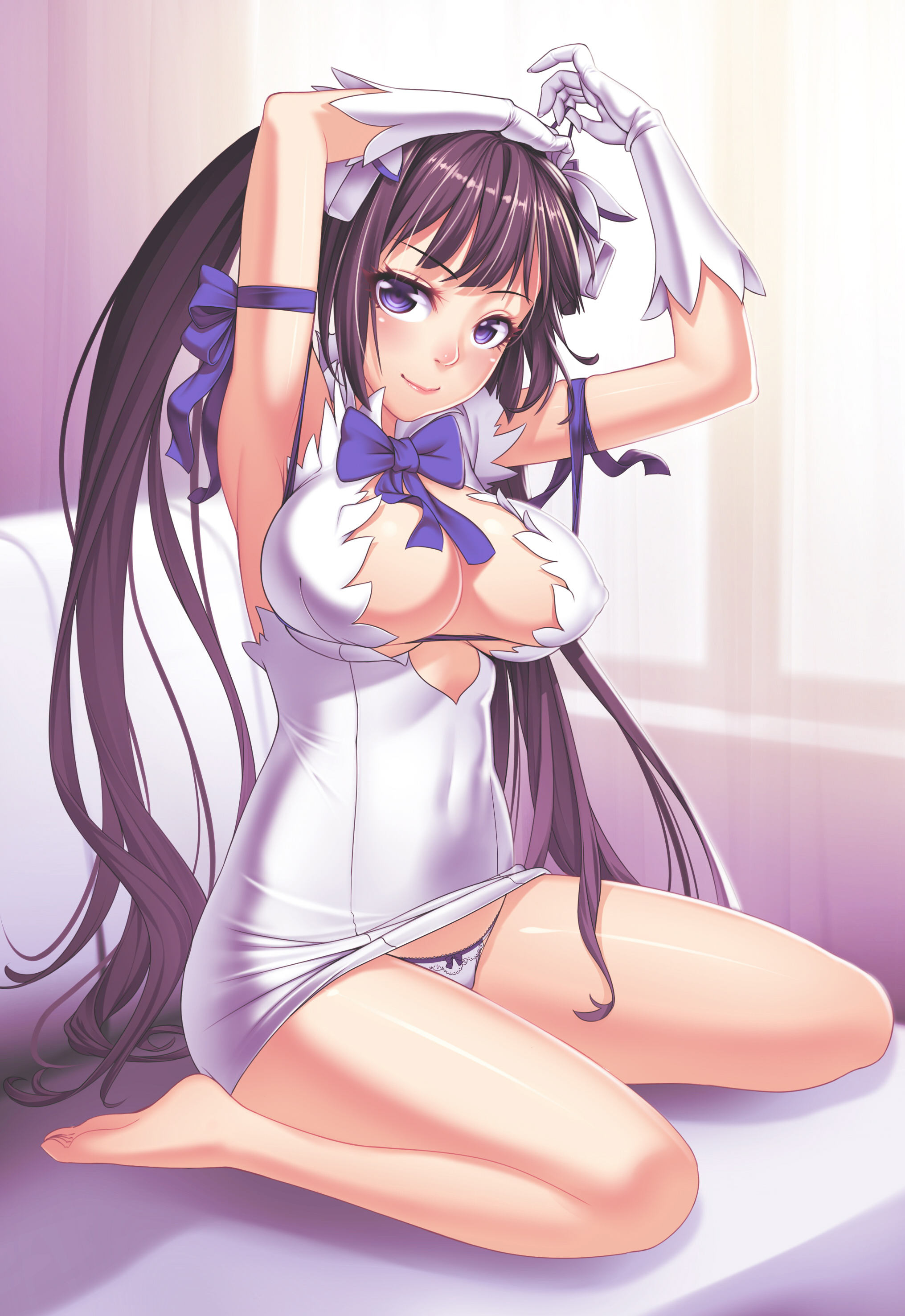 barefoot, black hair, blue eyes, breasts, cleavage, dress, dungeon ni deai wo motomeru no wa machigatteiru darou ka, feet, female, gloves, hestia (danmachi), large breasts, long twintails, lucknight, panties, ribbon, sitting, smile, solo, tied hair, twintails
