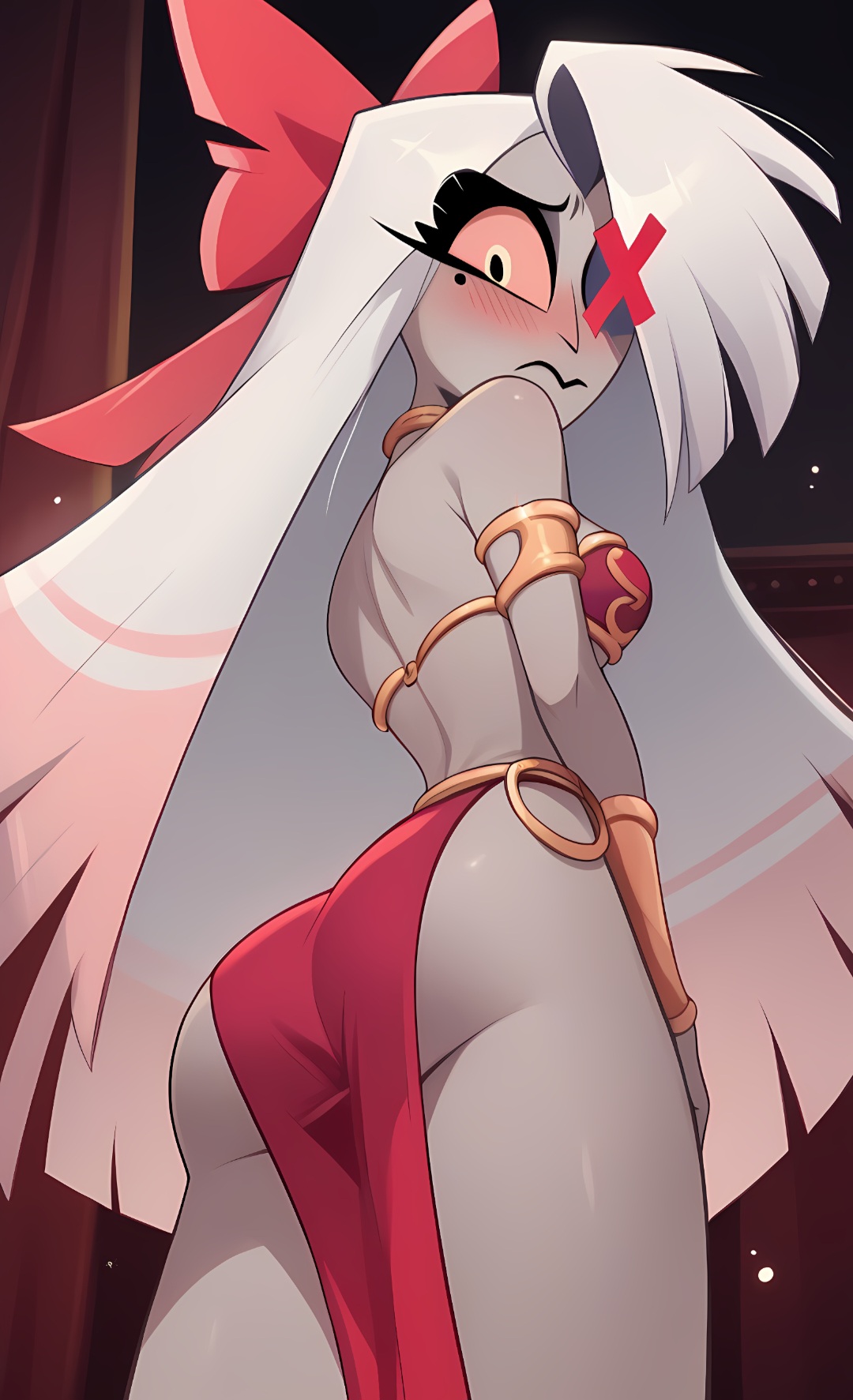 ai generated, ass, back, blush, female, grey body, hairbow, hazbin hotel, jewelry, long hair, low-angle view, nervous, one eye closed, revealing clothes, slave bikini, thighs, vaggie (hazbin hotel)