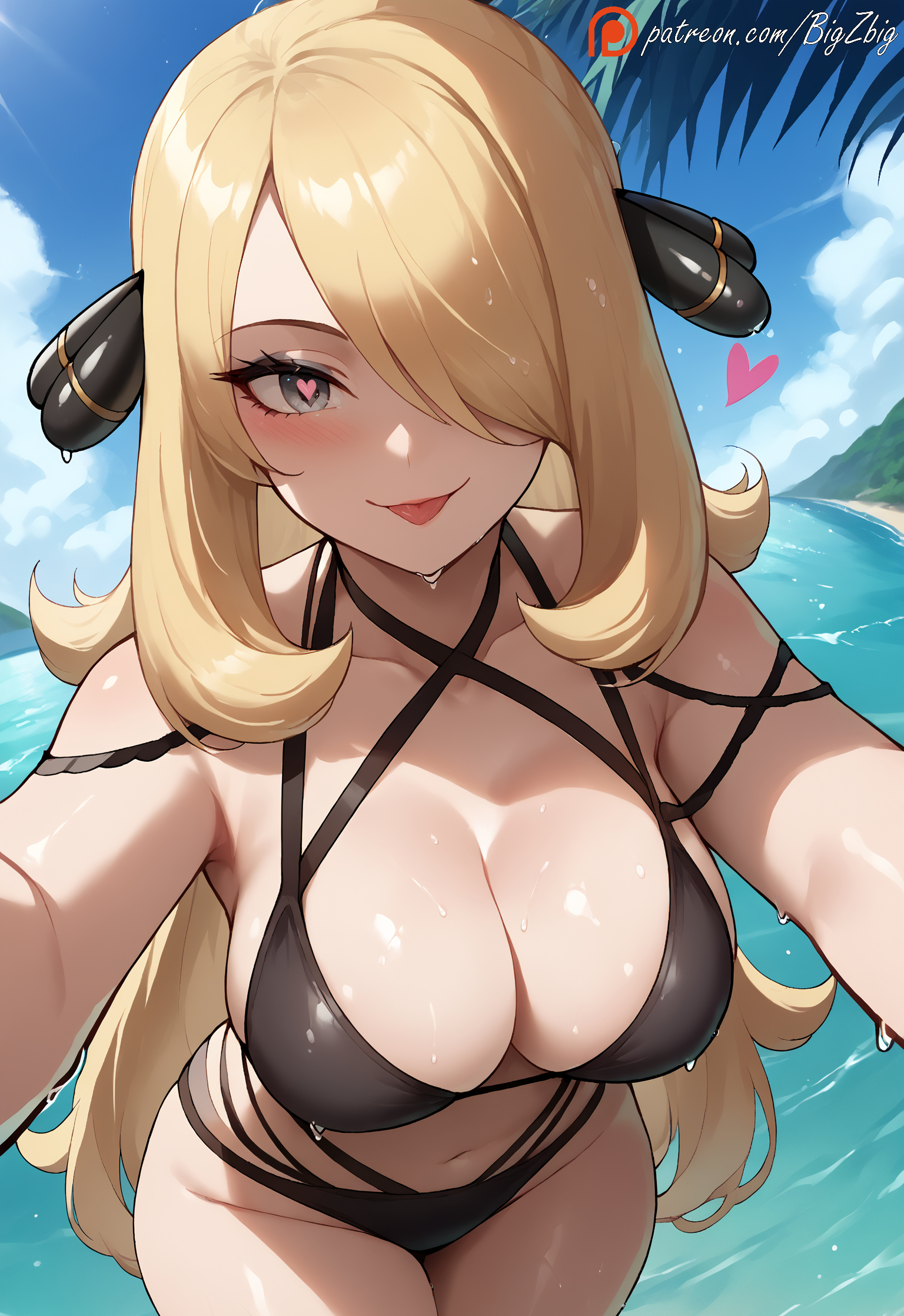 :p, 1girls, ai generated, bangs, beach, bigzbig, bikini, black bikini, blonde hair, blue sky, blush, breasts, cleavage, cloud, coast, collarbone, color, colored, cynthia (pokemon), day, daytime, female, female focus, female only, grey eyes, hair ornament, hair over one eye, halterneck, heart, heart-shaped pupils, large breasts, leaning forward, long hair, looking at viewer, navel, ocean, outdoors, palm tree, patreon username, pokemon, shirona (pokemon), sky, smile, solo, solo female, solo focus, stomach, swimsuit, symbol-shaped pupils, tongue, tongue out, very long hair, water, watermark, wet