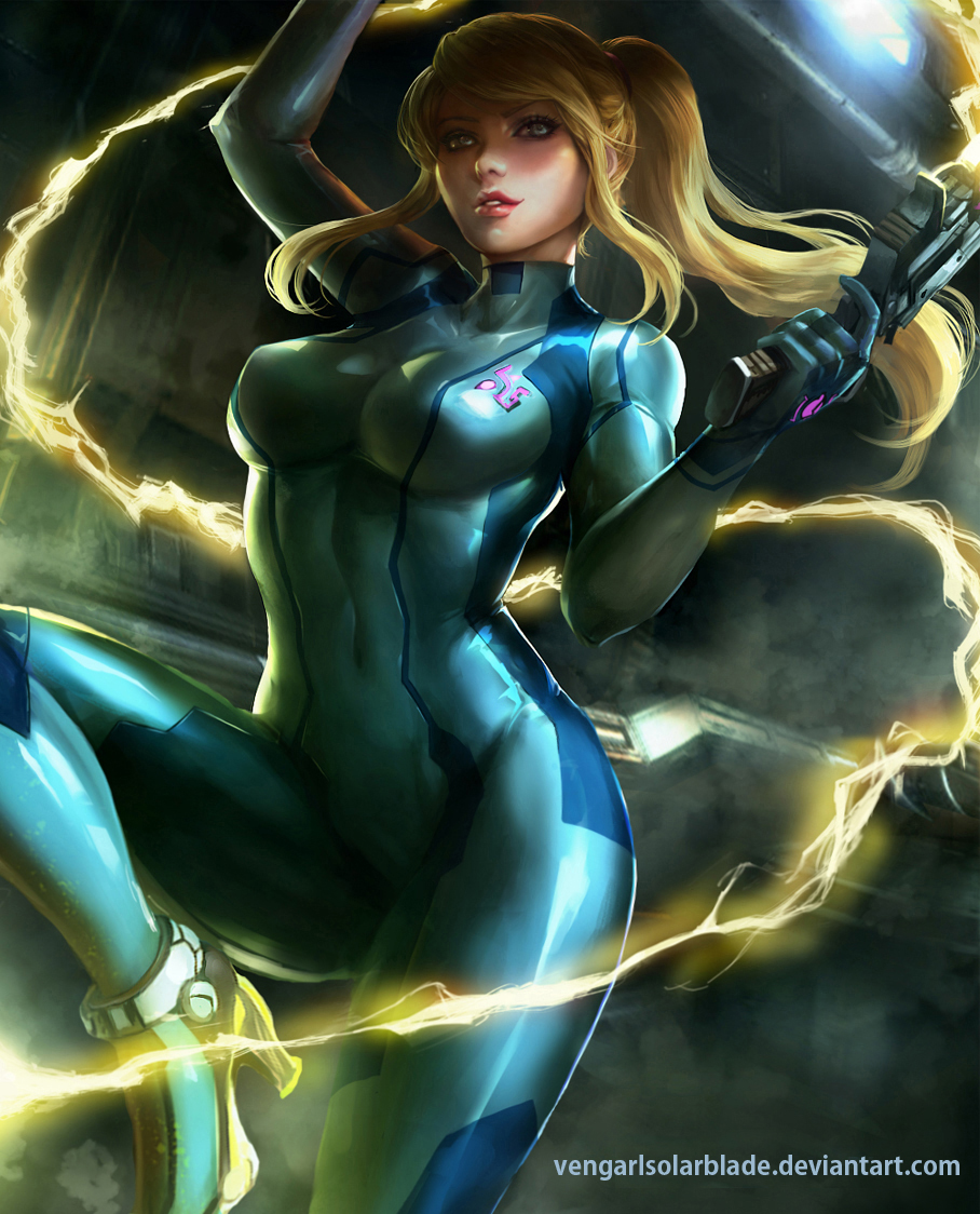 blonde hair, blue eyes, bodysuit, female, gun, high heels, metroid, nintendo, ponytail, samus aran, solo, standing, tied hair, vengarlsolarblade, weapon, whip, zero suit, zero suit samus