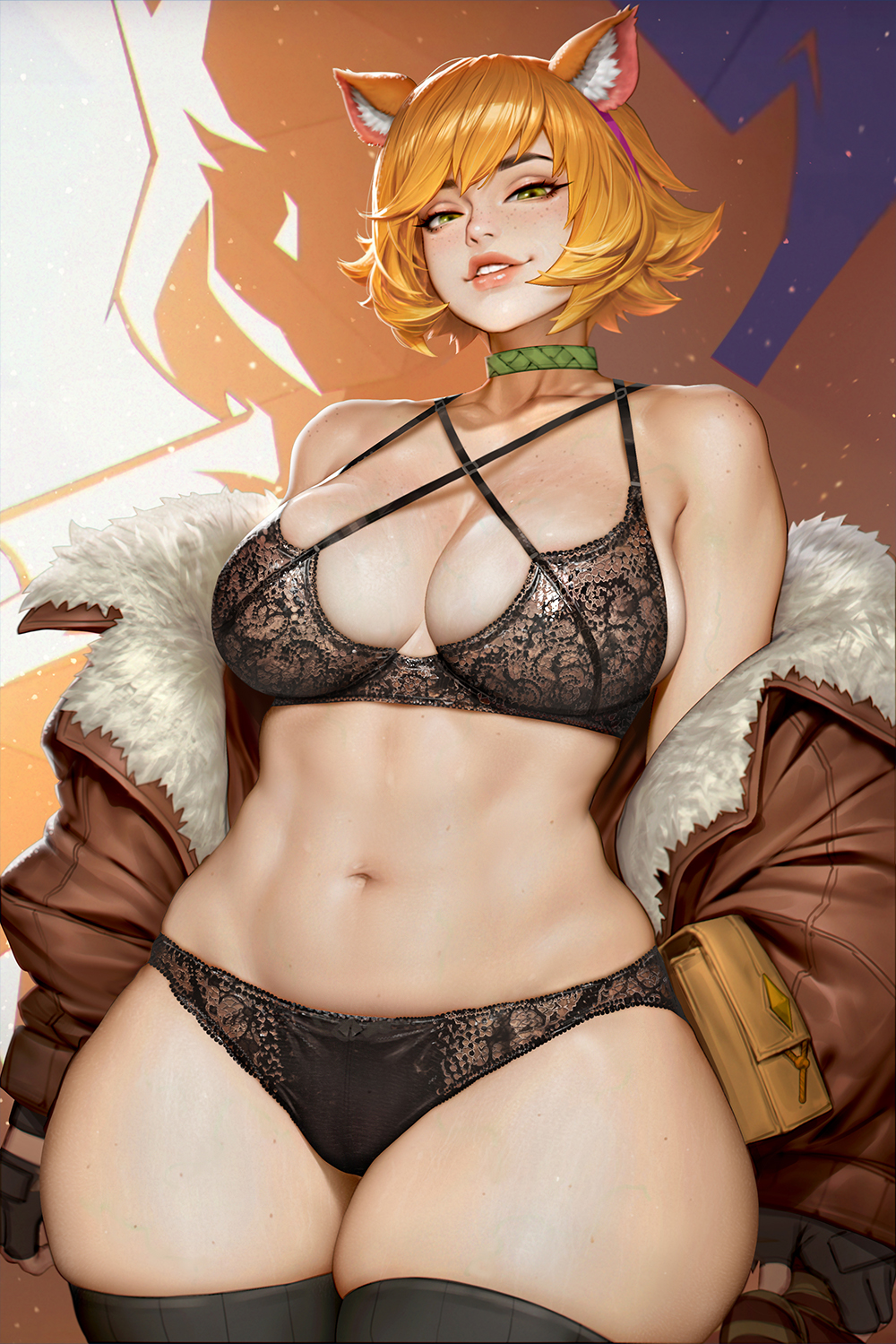 1girls, animal ears, big breasts, black socks, bra, breasts, censored, chubby furry, curvaceous, curvy, curvy figure, doreen green, english commentary, female, freckles on breasts, furry, furry female, furry only, gloves, green eyes, highres, huge breasts, jacket, jacket off shoulders, jacket open, large breasts, looking at viewer, marvel, marvel comics, marvel rivals, milf, mixed-language commentary, multi-strapped bra, multiple strap-ons, multiple straps, naked, naked female, naked furry, navel, necklace, neoartcore, nude, nude female, nude furry, open clothes, open jacket, orange eyes, orange fur, orange hair, panties, pussy, short hair, smile, smiley face, smiling, smiling at viewer, solo, squirrel ears, squirrel girl, squirrel girl (marvel rivals), squirrel girl (marvel), stockings, thai commentary, thick thighs, thighhighs, thighs, tight clothes, tight clothing, tight fit, tight pants, tight pussy, tights, underwear, underwear only, wide hips, yellow eyes