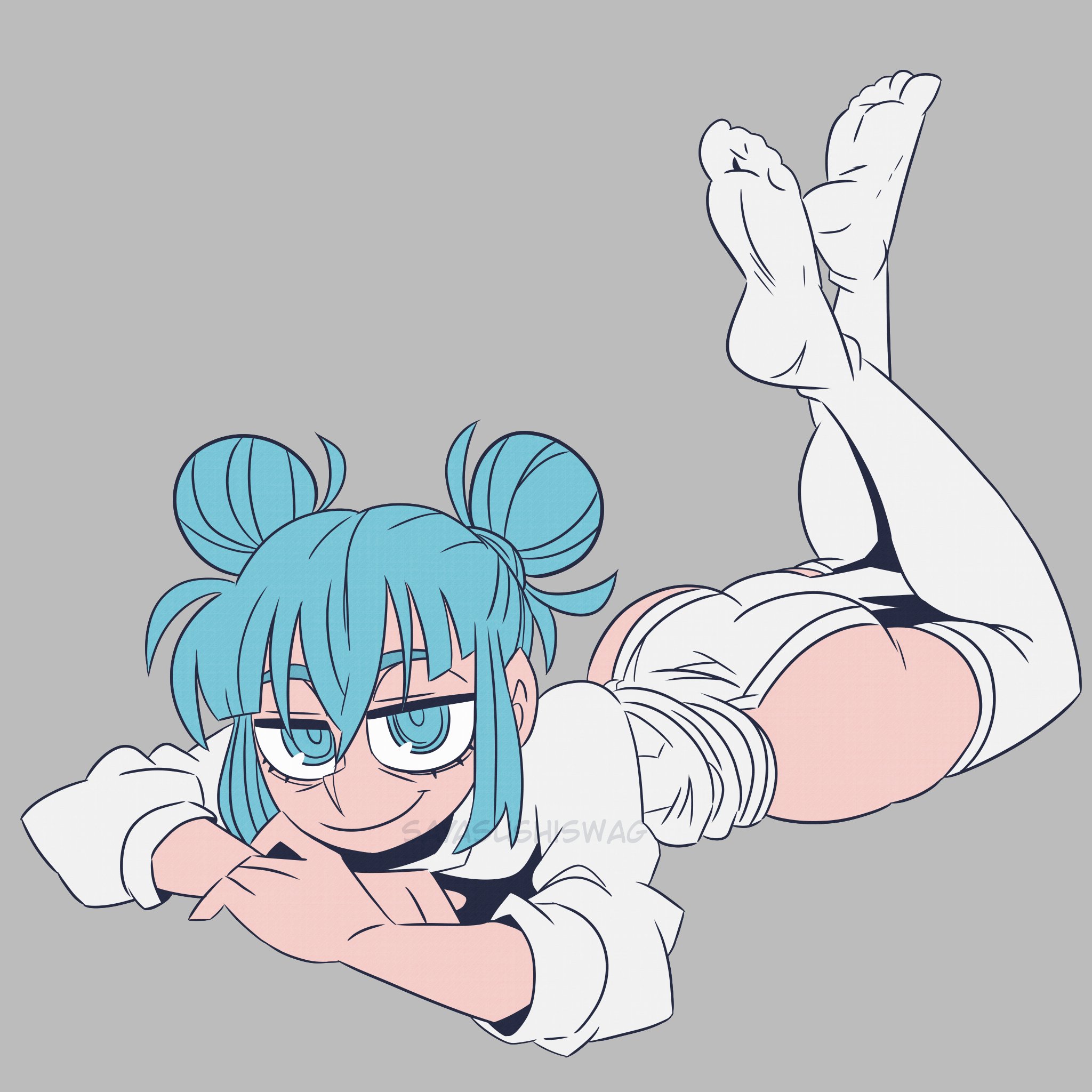 blue eyes, blue hair, femboy, jujutsu kaisen, kashimo hajime, laying down, looking at viewer, male, sayasushiswag, tagme, thigh slit