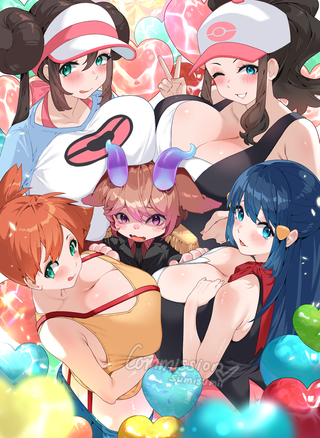1other, 4girls, alternate breast size, ambiguous gender, aqua eyes, artist name, baseball cap, beanie, black shirt, black vest, blue eyes, blush, breast smother, breasts, brown hair, character request, cleavage, commission, creatures (company), dawn (pokemon), denim, denim shorts, double bun, english text, face to breasts, female, game freak, green eyes, hair bun, hair ornament, hat, heart, highres, hilda (pokemon), horns, huge breasts, kasumi (pokemon), long hair, looking at viewer, looking back, multiple females, multiple girls, nintendo, orange hair, pokemon, pokemon (anime), pokemon bw, pokemon bw2, pokemon dppt, ponytail, purple eyes, purple horns, rosa (pokemon), shirt, shorts, side ponytail, sidelocks, smile, sumisumii, suspenders, teeth, tongue, tongue out, v, vest, visor cap, white shirt, yellow shirt