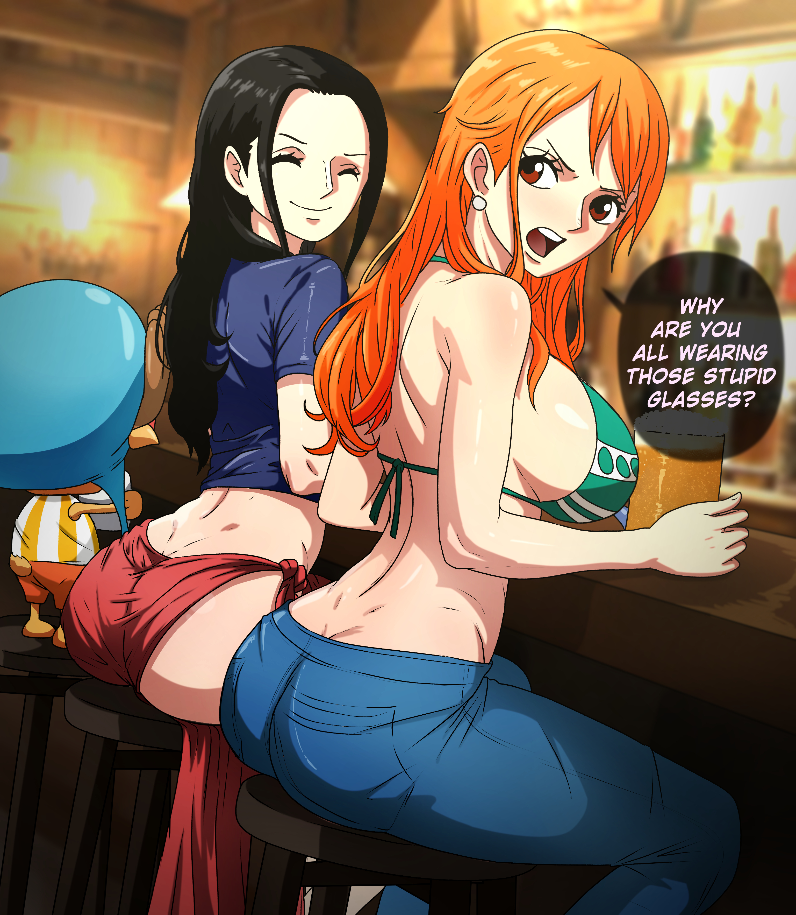 2girls, black hair, black-haired female, clothing, female, male, median furrow, nami (one piece), nico robin, noxdsa, one piece, orange hair, orange-haired female, text