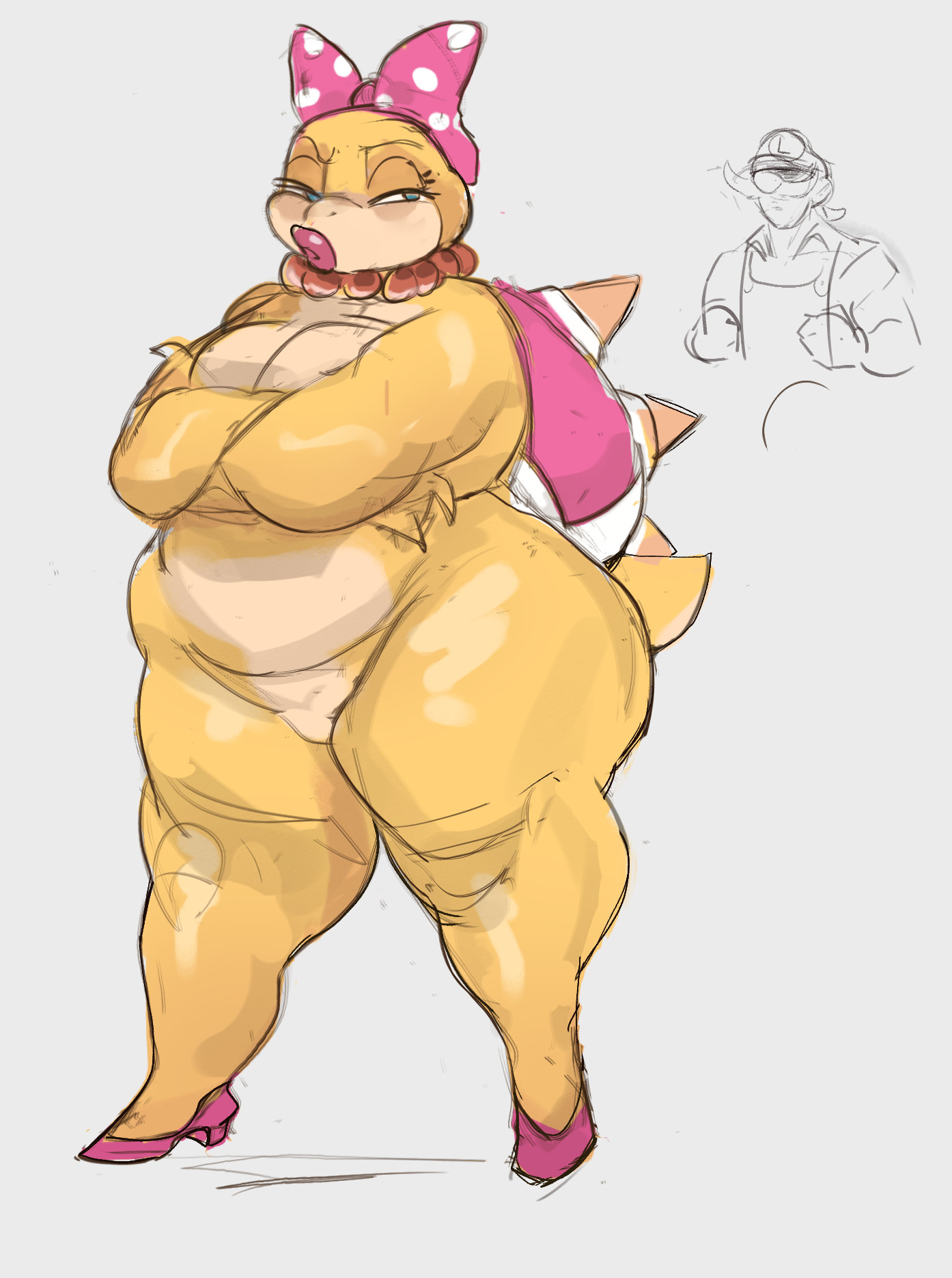 1boy, 1girls, aged up, anthro, arms crossed, big thighs, bow, bow on head, breasts, child bearing hips, crossed arms, duo, female, female focus, furry, furry only, gigantic thighs, gikowinko, hat, huge thighs, koopa, koopaling, large thighs, luigi, male, male/female, mammal, mario (series), mature, mature female, mature male, necklace, nintendo, pink bow, pink high heels, pink shell, reptile, scalie, shell, spiked shell, spikes, tail, thick thighs, thighs, wendy o. koopa, white background, wide hips, yellow body