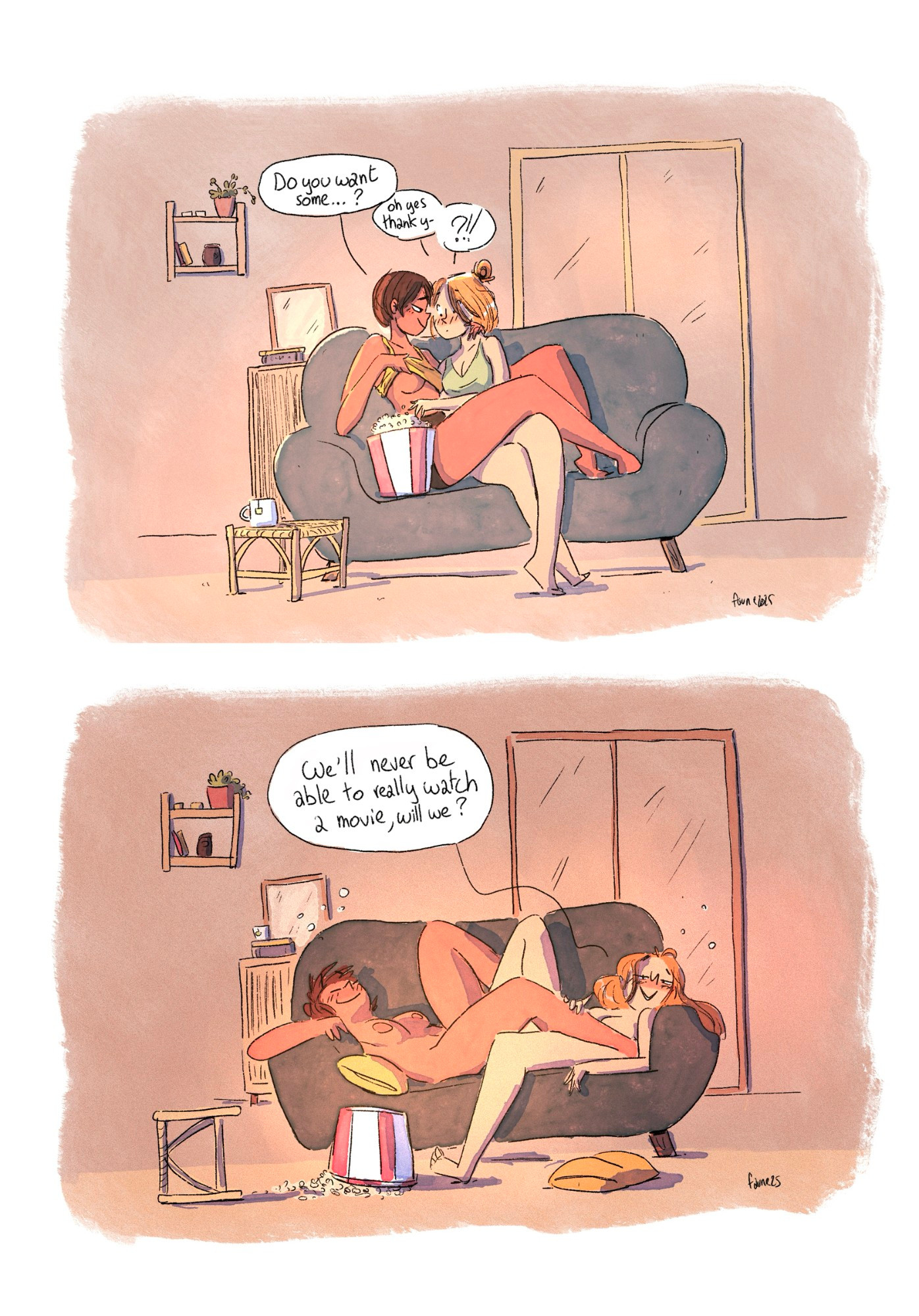 2d, 2girls, after sex, before and after, before sex, breasts, brown hair, commission, completely nude, couch, dark skin, dark-skinned female, digital media, english dialogue, english text, faune, female, female only, full body, funny, large breasts, light skin, light-skinned female, medium breasts, navel, nude, nude female, orange hair, original, popcorn, sex, speech bubble, wholesome, yuri