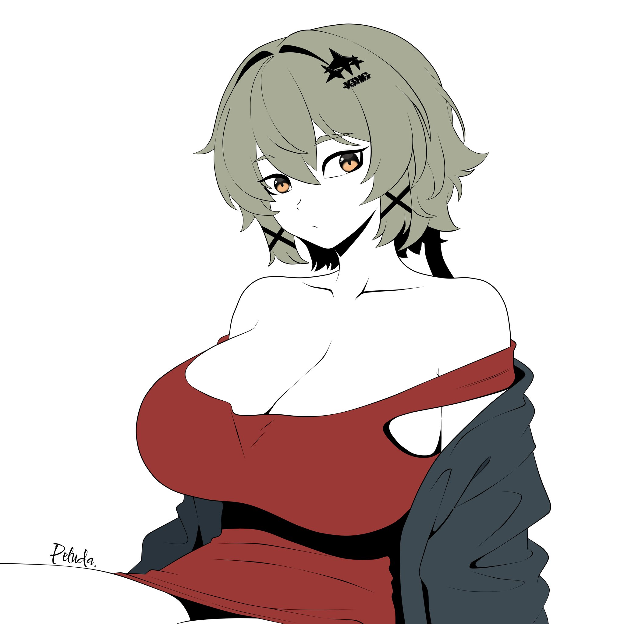 big breasts, big titties, breasts, caesar king, caesar king (zenless zone zero), clothing, curvaceous, curvaceous female, curvaceous figure, dress, female, female focus, female only, grey hair, looking at viewer, mihoyo, peluda, short hair, simple coloring, zenless zone zero