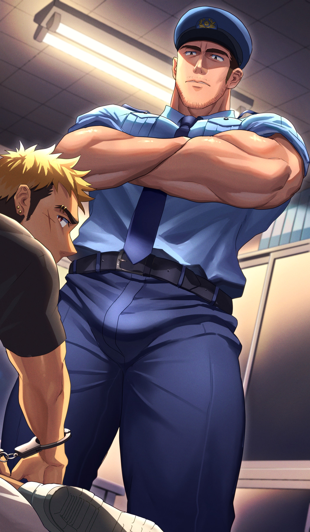 2boys bara beard_stubble beefy belt big_bulge black_eyes blonde_hair brown_eyes brown_hair bulge bulge_through_clothing ceiling ceiling_light criminal cross_scar daddy delinquent dilf dyed_hair foot_on_leg forked_eyebrows frown fully_clothed gay handcuffs hi_res hunk indoors interrogation izukonohito looking_away looking_down male male_only manly mature_male multicolored_hair muscles muscular muscular_arms muscular_male mustache_stubble necktie neutral_expression original original_character pierced_ears pierced_eyebrow piercing police police_hat police_officer police_uniform policeman rolled_up_sleeves scar scar_on_face shadow shoe_soles short_hair sideburns size_difference standing thick_arms thick_eyebrows thick_legs tough_guy two_tone_hair yaoi