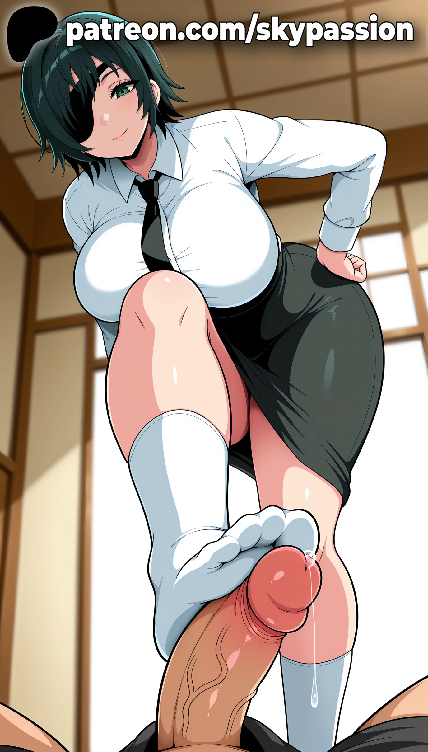 1boy, 1girls, 2025, ai assisted, ai generated, anime, artist name, big breasts, big chest, big penis, black skirt, blurry, blurry background, breasts, bust, busty, chainsaw man, chest, clothed female, cock, dick, erection, eyepatch, feet, female, foot fetish, foot on penis, foot play, footjob, green eyes, green hair, hand on hip, hi res, high quality, high resolution, highres, himeno (chainsaw man), large breasts, large penis, male, patreon, patreon username, penis, pov, precum, shirt, short hair, skirt, skypassion, smile, solo focus, stable diffusion, straight, toejob, uncensored, veins, veiny penis, watermark, white legwear, white shirt