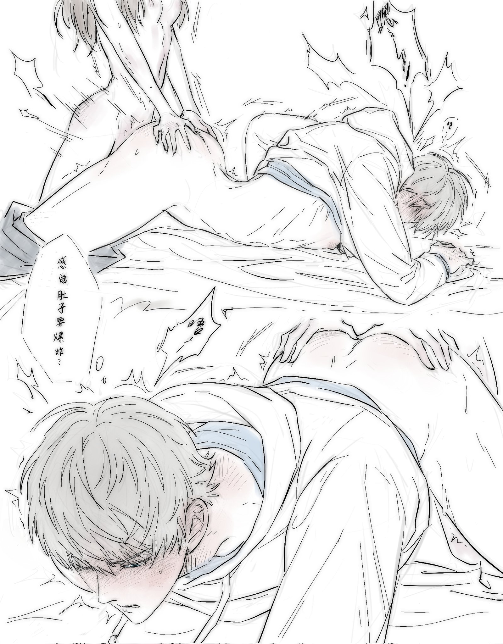 1126 zyming, 1boy, 1girls, ass, ass grab, back arch, blue eyes, blush, blush lines, clothed sex, female, female penetrating male, from behind, hoodie, looking pleasured, love and deep space, male, pegging, protagonist (love and deep space), silver hair, straight, strap-on, strapon, submissive male, xavier (love and deep space)