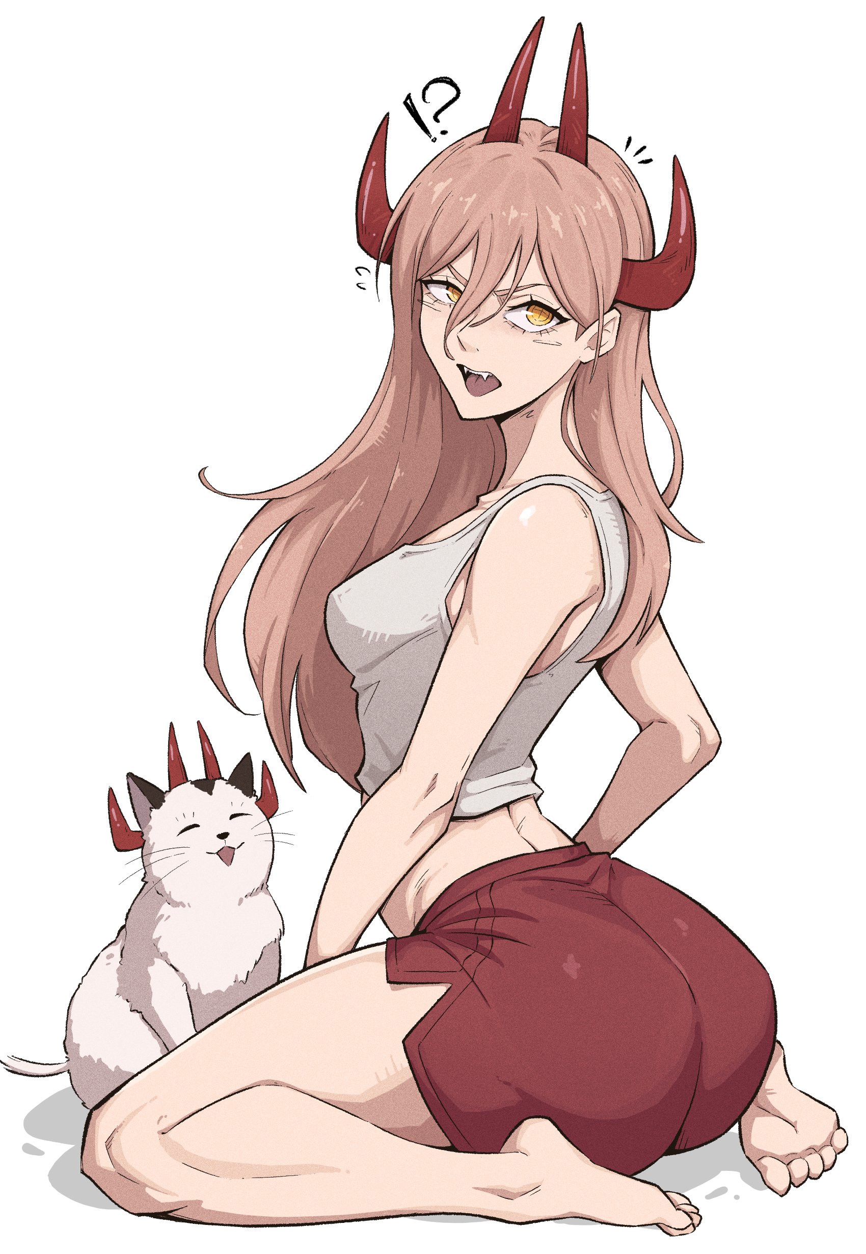 1girls, ass, ass focus, big ass, blonde hair, cat, chainsaw man, csr ap07, curvy, curvy figure, cute, demon, demon girl, female, female focus, female only, horns, looking at viewer, looking back, meowy (chainsaw man), power (chainsaw man), shorts, shounen jump, tagme, thick thighs, thighs, voluptuous, voluptuous female
