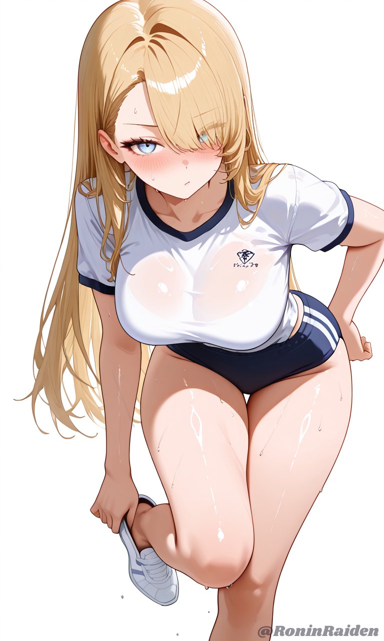 ai generated, big breasts, big thighs, blonde hair, blue eyes, breasts, brown dust (series), college, female, gym clothes, gym uniform, ronin raiden (artist), sweat, transparent, transparent clothing, wilhelmina (brown dust)