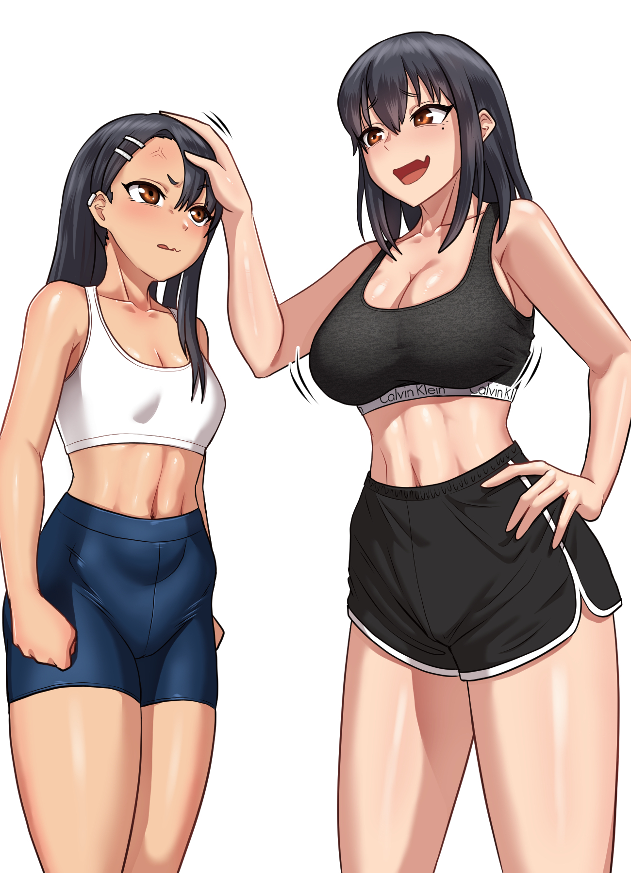 2girls, abs, angry expression, angry face, armpits, bare shoulders, big breasts, black hair, breasts, brown eyes, calvin klein, comparing breasts, female, female only, fit female, funny face, hayase misaki, hayase nagatoro, headpat, jiggling breasts, misaki nagatoro, multiple females, multiple girls, please don't bully me, nagatoro, sfw, shiny skin, sideboob, silly face, sisters, sisters (lore), small breasts, smaller female, sports bra, sports uniform, sportswear, tan body, tan skin, thick thighs, thighs