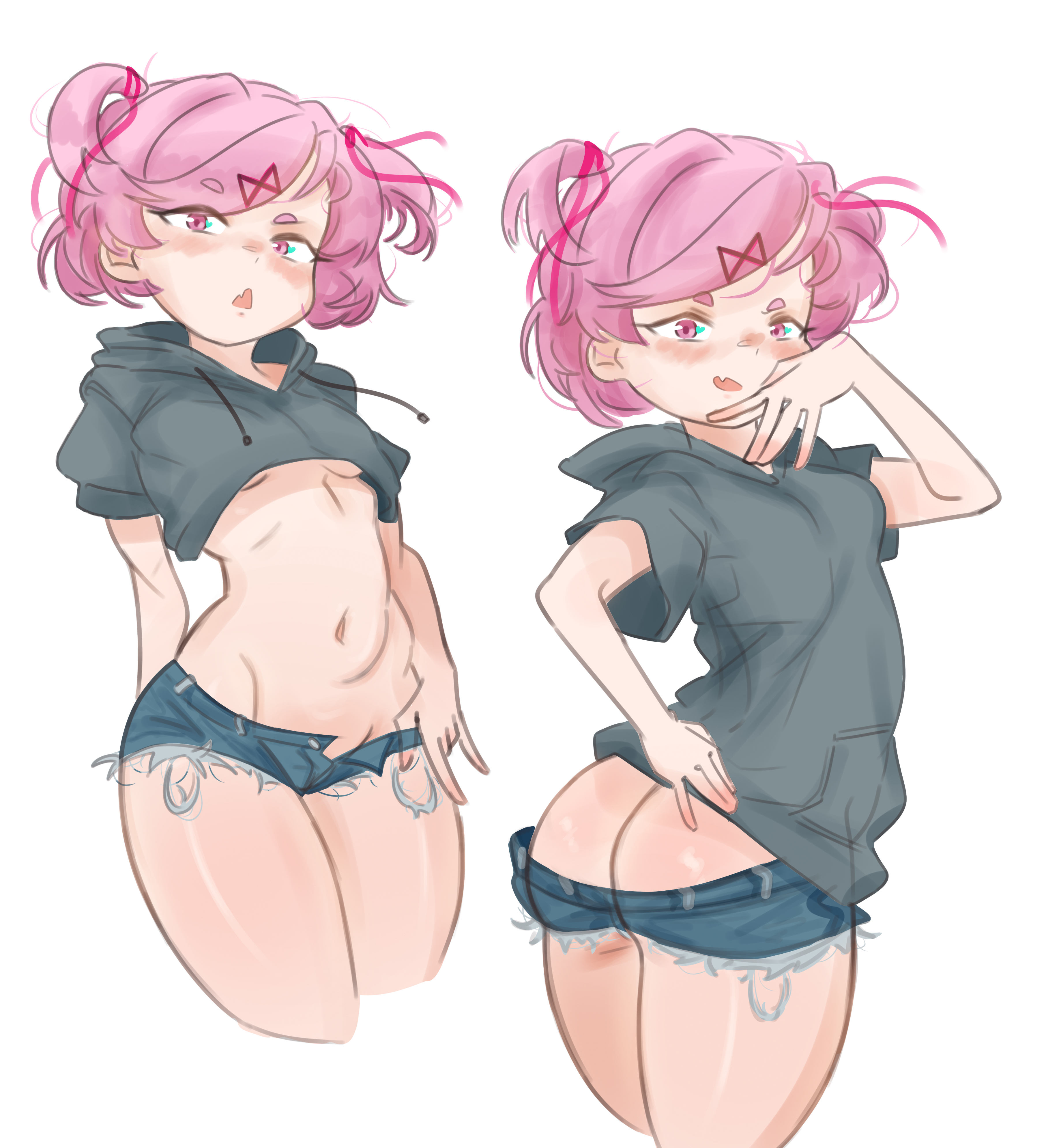 1girls, ass, ass hanging out, ass hanging out of shorts, blush, booty shorts, doki doki literature club, emiillb, female, grin, natsuki (doki doki literature club), open shorts, pink hair, short shorts, shorts, solo, thick thighs, unbuttoned