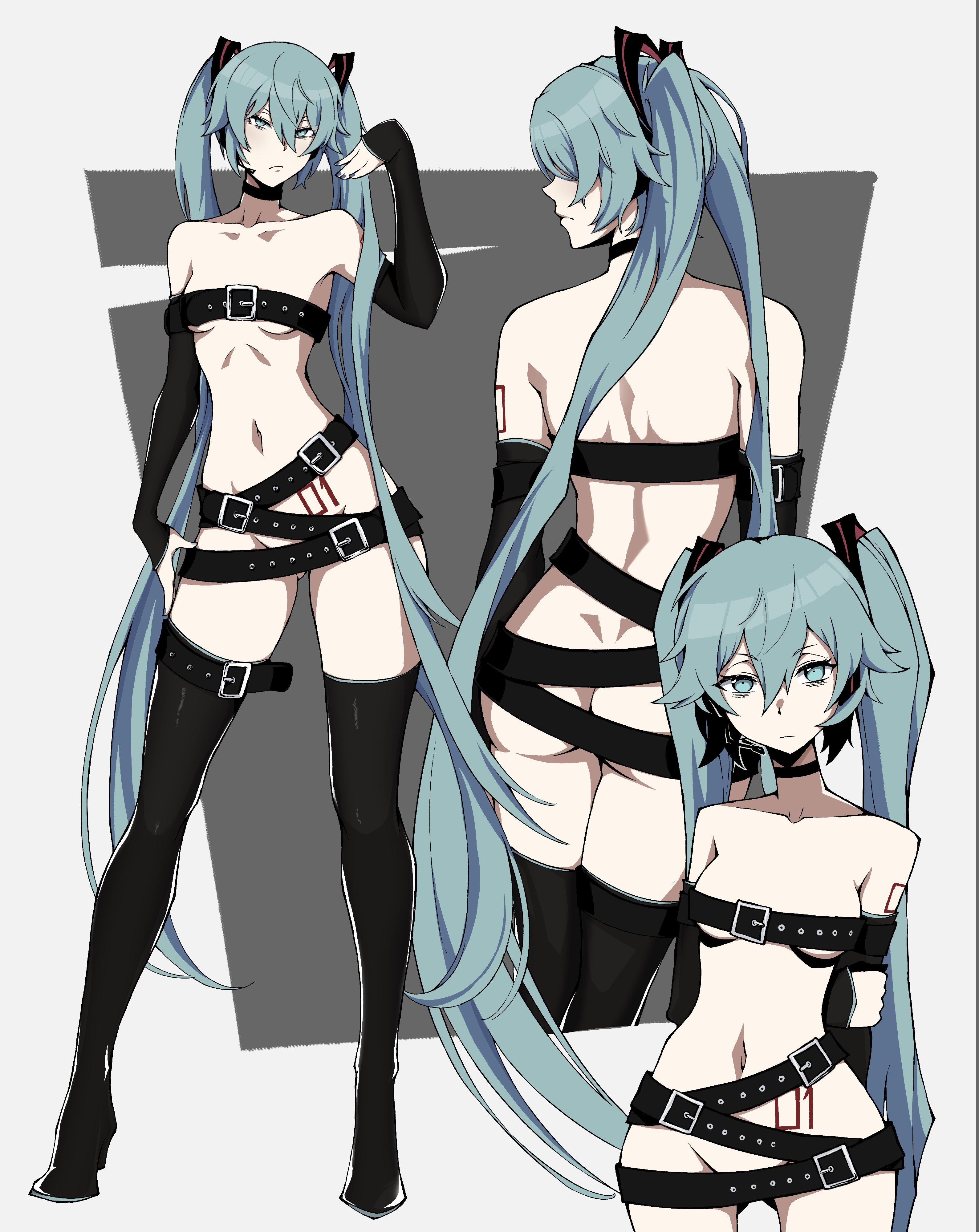 1girl, alternate costume, aqua eyes, aqua hair, ass, belt, beltbra, belts, beltskirt, black belt, black footwear, blood, boots, breasts, buckle, choker, collarbone, detached sleeves, female, full body, hair between eyes, hair ornament, hatsune miku, kekel, light skin, light-skinned female, long hair, looking at viewer, multiple views, navel, simple background, small breasts, sole female, solo, standing, tagme, tattoo, thigh boots, thighhighs, thighs, twintails, very long hair, vocaloid