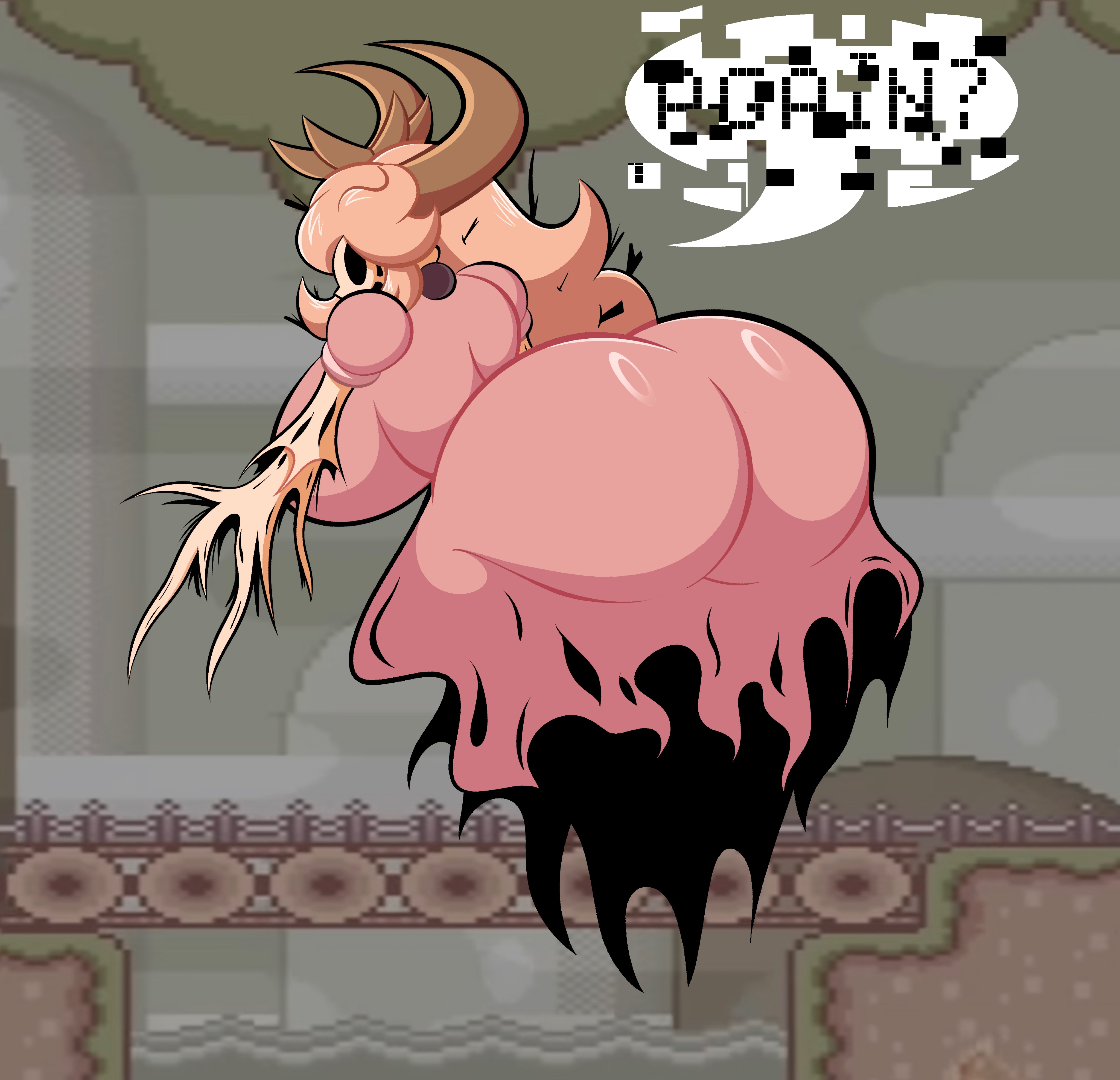 1girls, ass, background, behind view, big ass, breasts, coronation day (creepypasta), creepypasta, dark eyes, entity, fat ass, female, glitching, horns, house of horrorbrews, huge ass, mario (series), minusbrush, nightmare waifu, pink dress, possessed, princess, princess peach, princess peach (coronation day), royalty, solo, super mario world, text