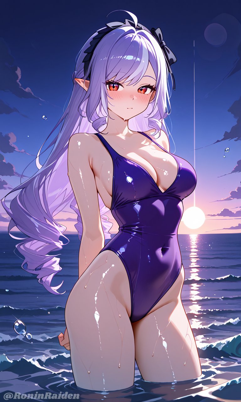 ai generated, beach, female, ronin raiden (artist), sunset, swimsuit, vivian (zenless zone zero), vivian banshee, zenless zone zero