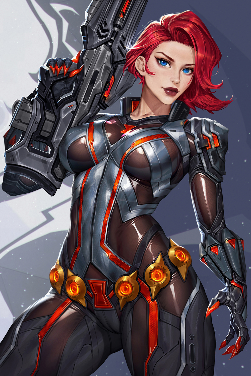 1girls, 2025, 2d, 2d (artwork), armor, assassin, avengers, belt, black armor, black suit, black widow, black widow (marvel rivals), black widow (marvel), blue eyes, bodystocking, bodysuit, breasts, clawed gauntlets, closed mouth, clothed, clothed female, collarbone, cowboy shot, eyelashes, female, female only, fully clothed, gun, heroine, highres, holding, holding gun, holding weapon, human, human only, lips, marvel, marvel comics, marvel rivals, natasha romanoff, neoartcore, questionable, red eyes, red hair, red room rifle, sfw, short hair, sniper rifle, solo, solo female, thick legs, thick thighs, thigh highs, thighhighs, thighs, tight clothing, tight fit, tight pants, tight pussy, tights, tiny waist, waist, waist grab, wavy hair, weapon