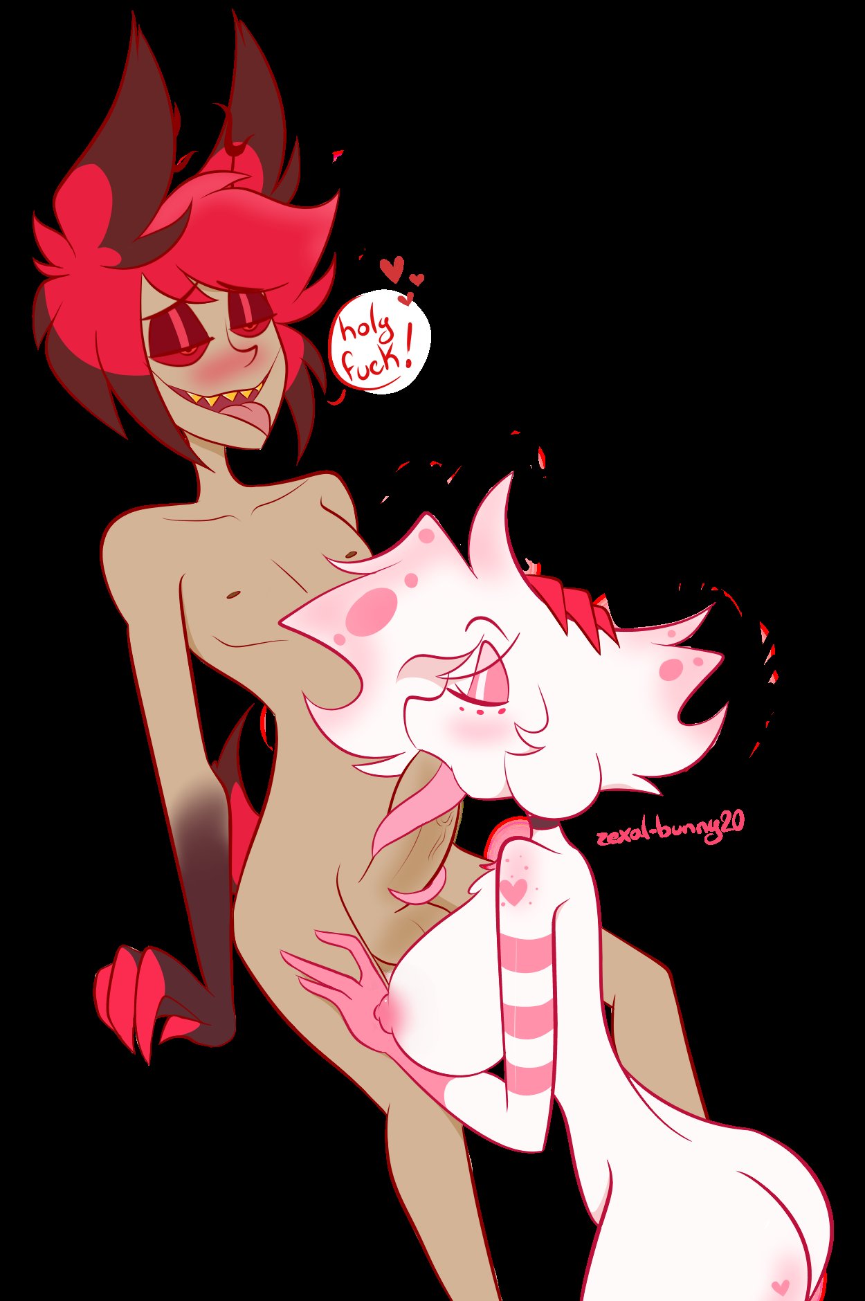 1boy, 1girls, alastor (hazbin hotel), angel dust (hazbin hotel), animal ears, animal tail, ass, balls, big breasts, blowjob, booty, breasts, claws, deer, demon, fellatio, female, fluffy, fluffy body, fluffy chest, fluffy ears, fluffy tail, genderswap (mtf), hazbin hotel, large breasts, male, male villain, male/female, mtf transformation, nipples, nude, penis, rule 63, sharp teeth, spider, sucking penis, tonguejob, transformation, zexal-bunny20