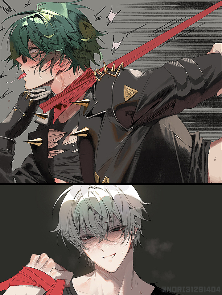 2boys, choking, clothed, clothed sex, gay, gay male, leash pull, lighter (zenless zone zero), male, nori31291404, open mouth, ripped clothing, tongue, tongue out, wise (zenless zone zero), yaoi, zenless zone zero