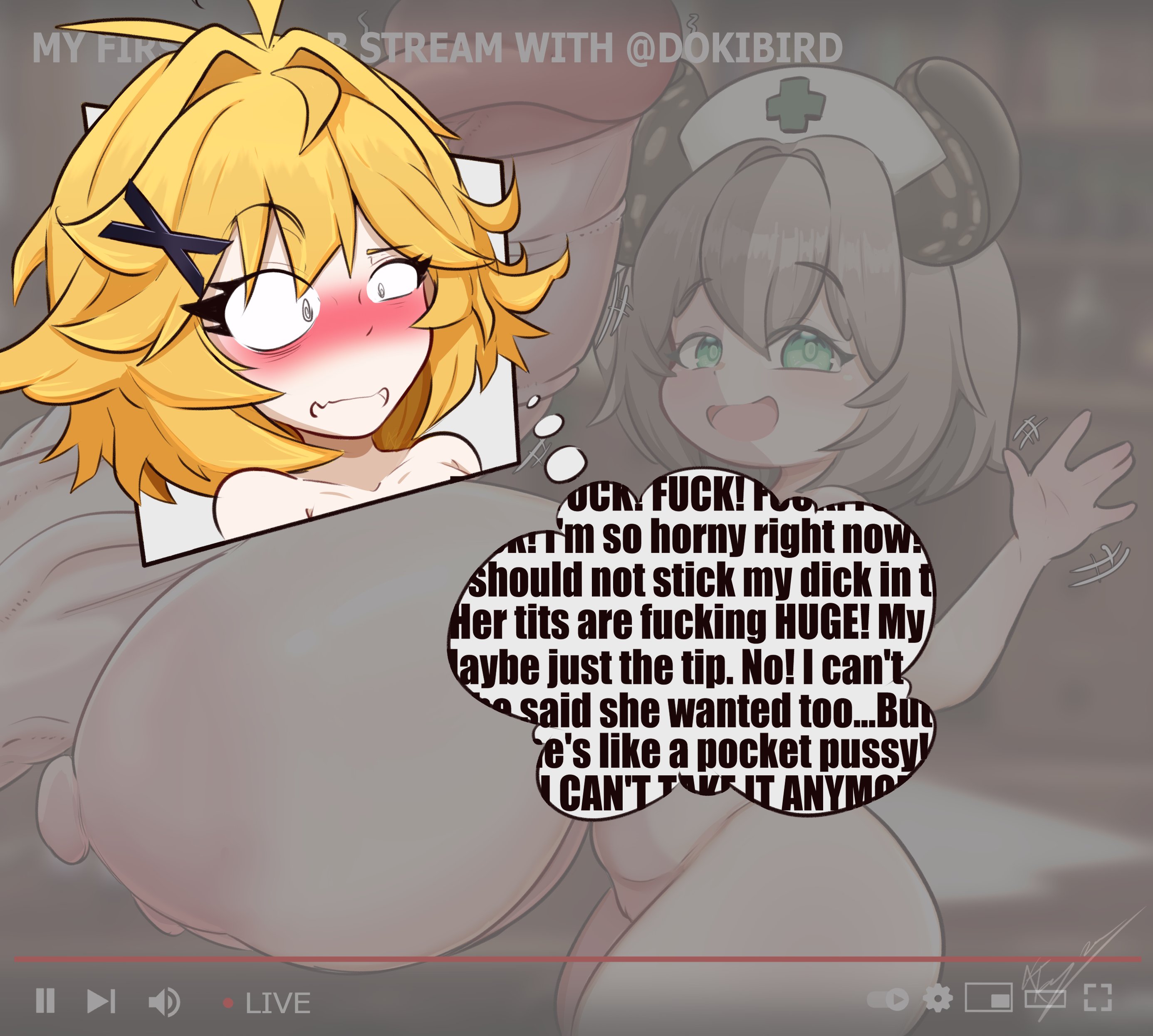 1futa, 1girls, big breasts, blonde hair, blush, breasts, brown hair, completely nude, dialogue, dokibird, english text, female, futa on female, futa/female, futanari, gigantic breasts, huge cock, huge nipples, imminent paizuri, imminent sex, intersex, massive breasts, massive penis, medium hair, nimi nightmare, nipples, nude, nude female, nude futa, open mouth, open smile, penis, shortstack, speech bubble, surprised, text, vein, veins, veiny, veiny penis, virtual youtuber, vtuber, xt ecchi