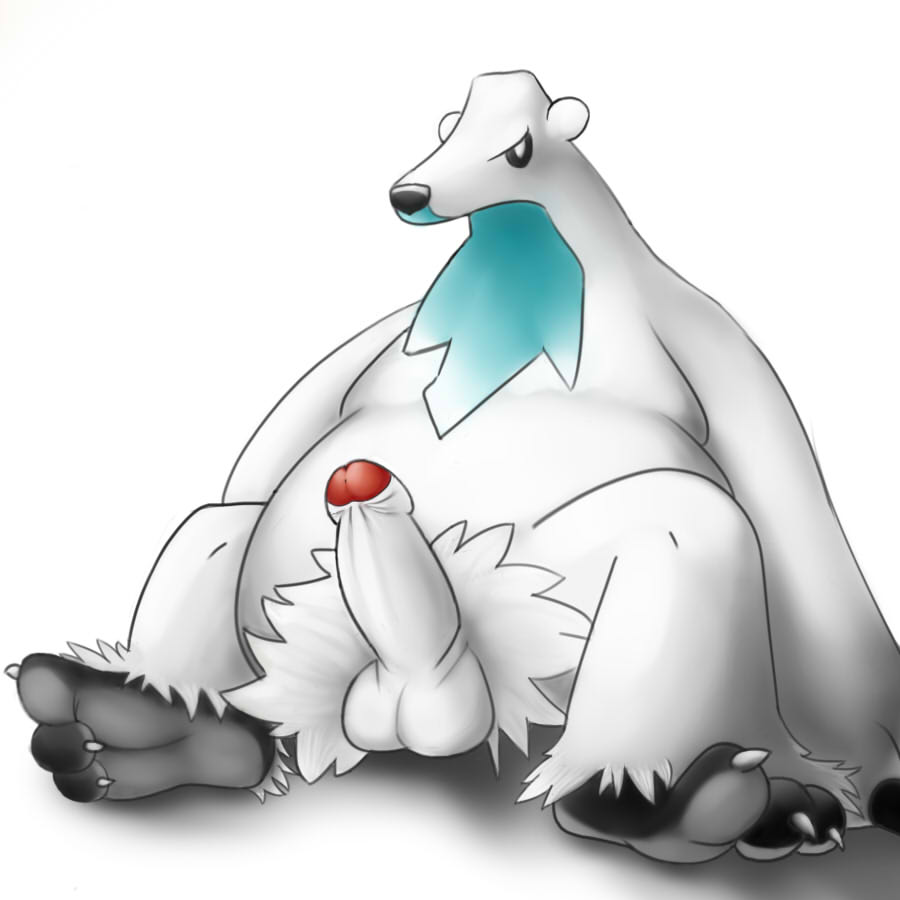 anthro anthro_only balls bear beartic erection fur humanoid_penis ilaima looking_at_viewer male male_only mammal nintendo penis pokemon polar_bear sitting solo uncut video_games white_fur