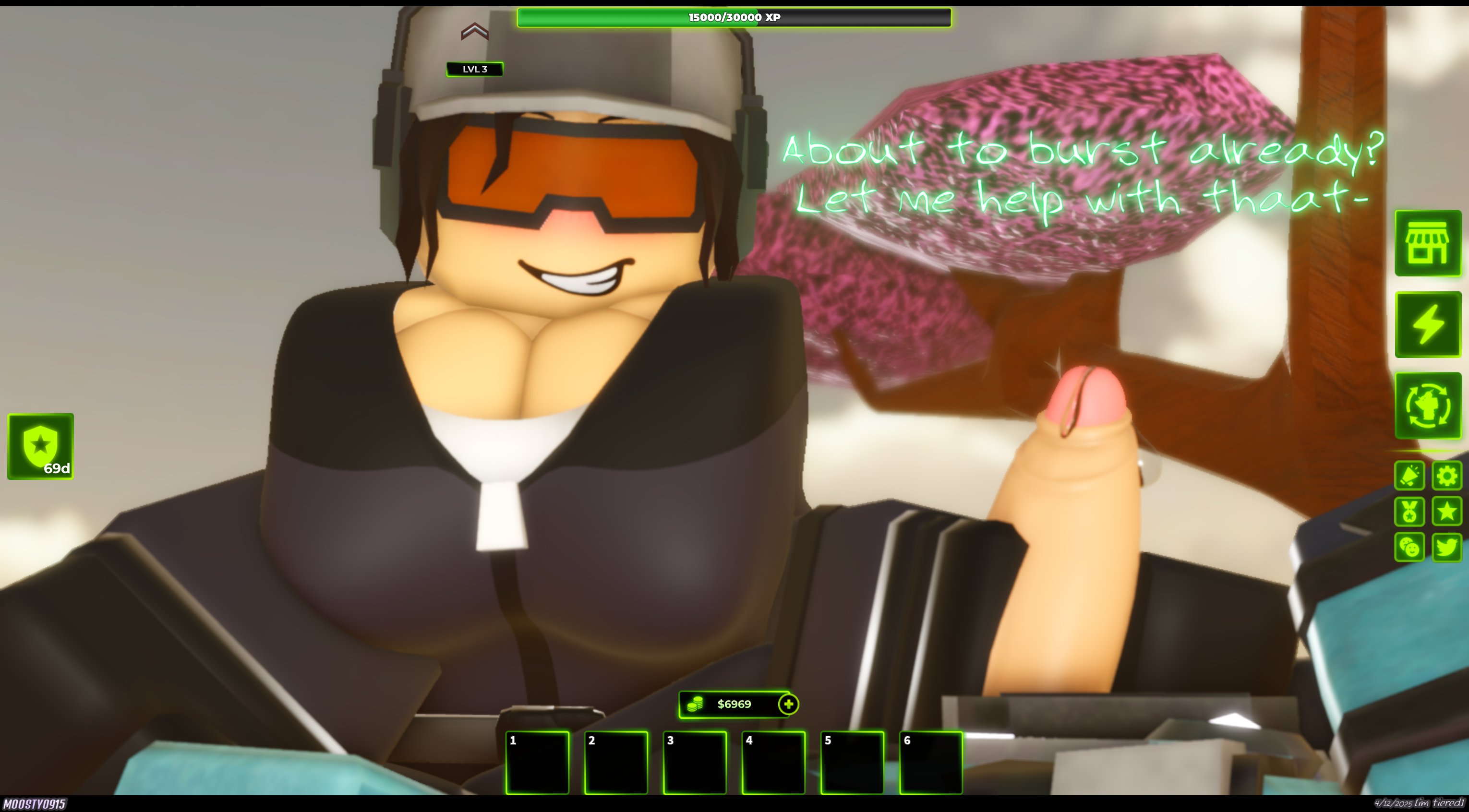 1boy, 1girls, 2025, 3d, baseball cap, belt, big breasts, big penis, black gloves, blue clothing, blue jumpsuit, blue sleeves, blush, breasts, brown hair, cap, cleavage, clothed, clothed female, clothed male, cryo blaster (tdx), dated, day, dialogue, duo, english text, female, female focus, fully clothed, fully clothed male, game ui, gloves, goggles, grabbing penis, handjob, hat, jumpsuit, letterbox, letterboxed, light skin, light-skinned female, light-skinned male, long hair, long sleeves, looking at viewer, male, male pov, male/female, moosty, orange-tinted eyewear, outdoors, pale skin, pale-skinned female, pale-skinned male, partially unzipped, penis, penis grab, penis out, ponytail, pov, precum, precum drip, roblox, roblox game, robloxian, sleeves, smile, straight, text, tower defense x, tree, white cap, white hat, xwm turret pilot (tdx), zipper