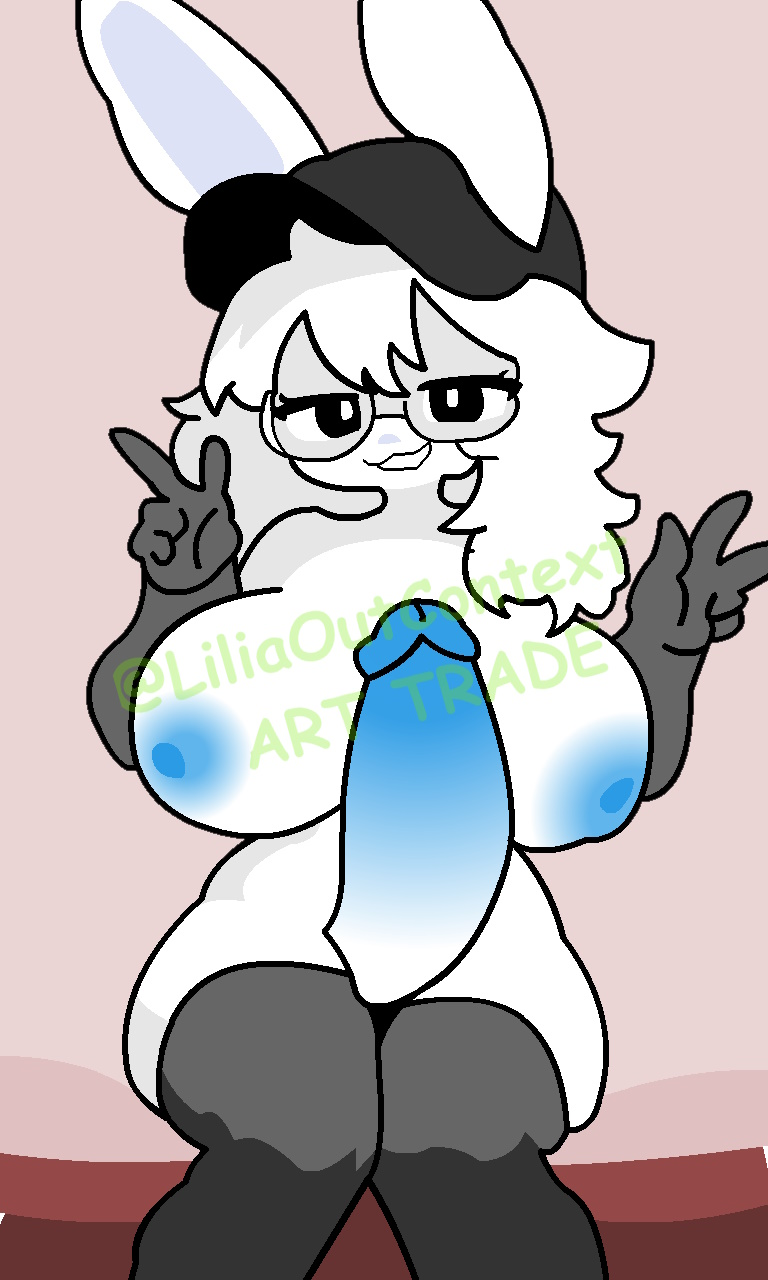 anthro art_trade big_breasts big_penis black_cap blue_nipples blue_penis breasts bunny_girl cap furry futa_only futanari intersex liliaoutcontext messy_hair nipples penis penis_size_difference roblox robloxian short_hair tagme white_skin