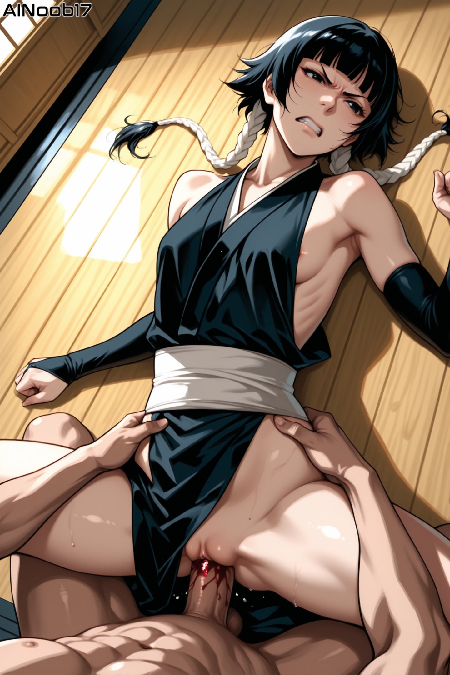 1boy, 1girls, ai generated, ainoob17, angry, bleach, bleach: the thousand-year blood war, breasts, dark hair, defloration, female, forced, male, missionary position, pain, penis, pussy, short hair, slim waist, small breasts, soifon, sui-feng, tagme, vaginal penetration, vaginal sex