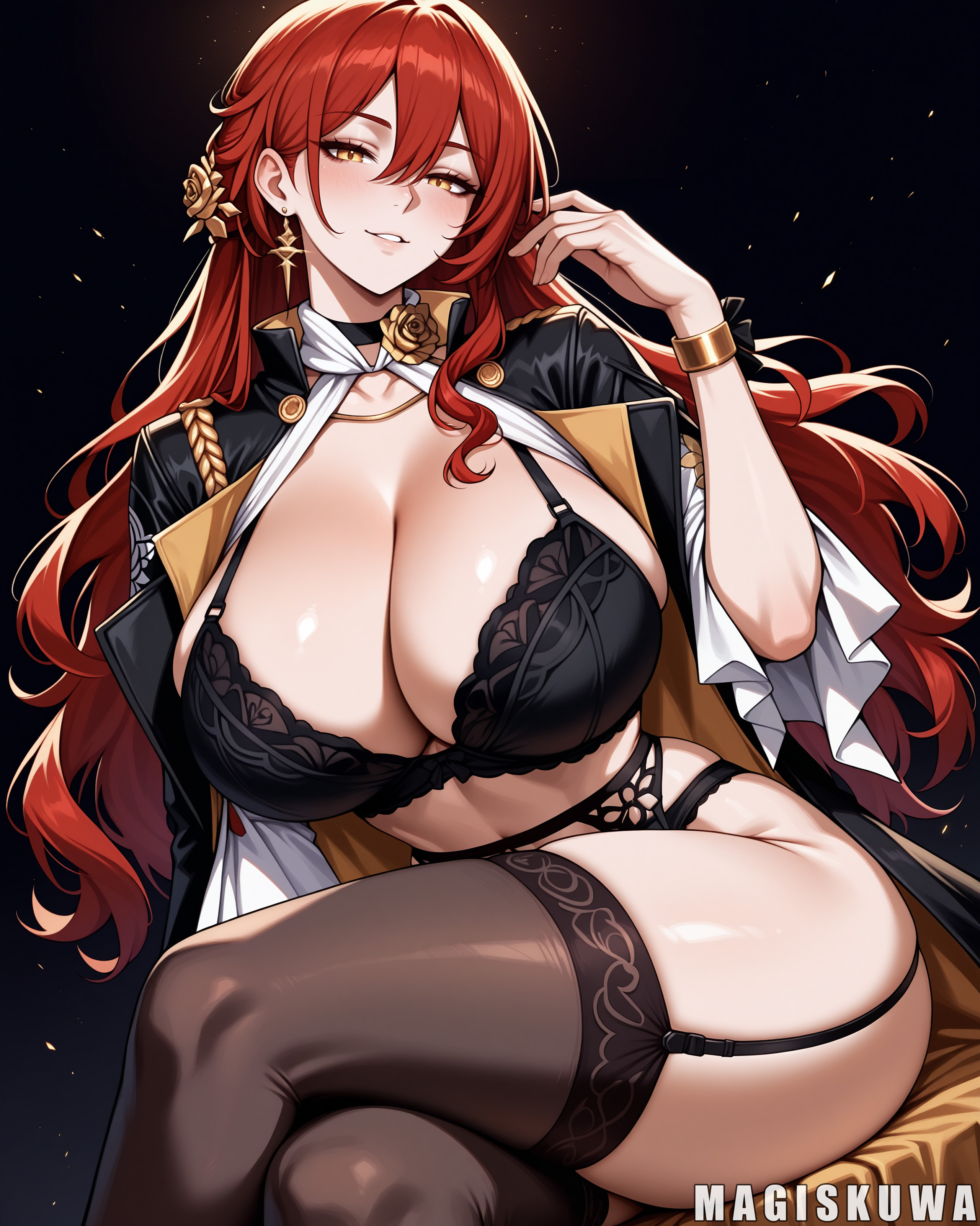 1girls, ai generated, ass, bangs, black bra, black clothes, black jacket, black legwear, black panties, black thighhighs, black underwear, blush, bra, bracelet, breasts, choker, cleavage, clothing, crossed legs, curvaceous, curvaceous female, curvaceous figure, curvy, curvy figure, earrings, female, female focus, female only, garter belt, garter straps, hair between eyes, hair ornament, hand up, himeko (honkai: star rail), honkai: star rail, hoyoverse, huge breasts, inviting, inviting to sex, jacket, jewelry, lace, lace trim, large breasts, legwear, lingerie, long hair, long sleeves, looking at viewer, magiskuwa, mihoyo, navel, open clothes, pantsu, parted lips, presenting, presenting ass, presenting breasts, presenting hindquarters, presenting self, red hair, seductive, seductive look, seductive smile, shirt, sitting, smile, solo, thick thighs, thighhighs, thighs, underwear, voluptuous, voluptuous female, yellow eyes