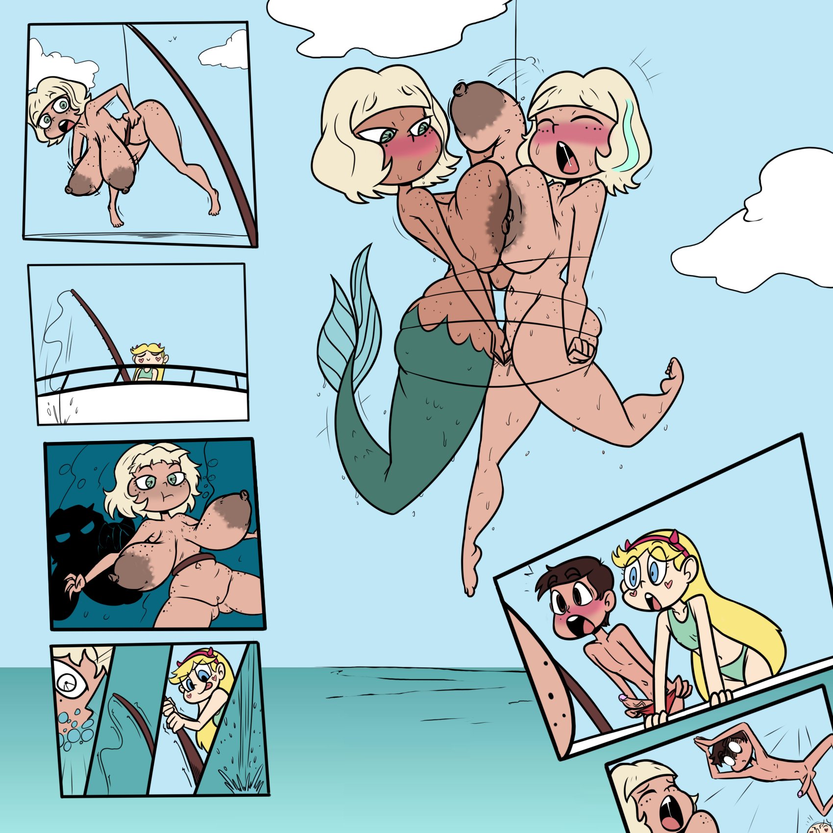 1boy, 2girls, areolar amelanism, blonde mane, blush, bondage, breasts, brown hair, calicobggs, colored, disney, disney channel, disney xd, drowning, female, flat chest, green eyes, huge breasts, jackie lynn thomas, large areolae, light skin, light-skinned female, long breasts, long hair, male, marco diaz, merfolk, mermaid, mermaid girl, mermaid tail, nude, penis, rope, saggy breasts, sea, short hair, standing, star butterfly, star vs the forces of evil, tan body, tan-skinned male, terrible the drawfag, thick thighs, underwater, wet body, wide hips