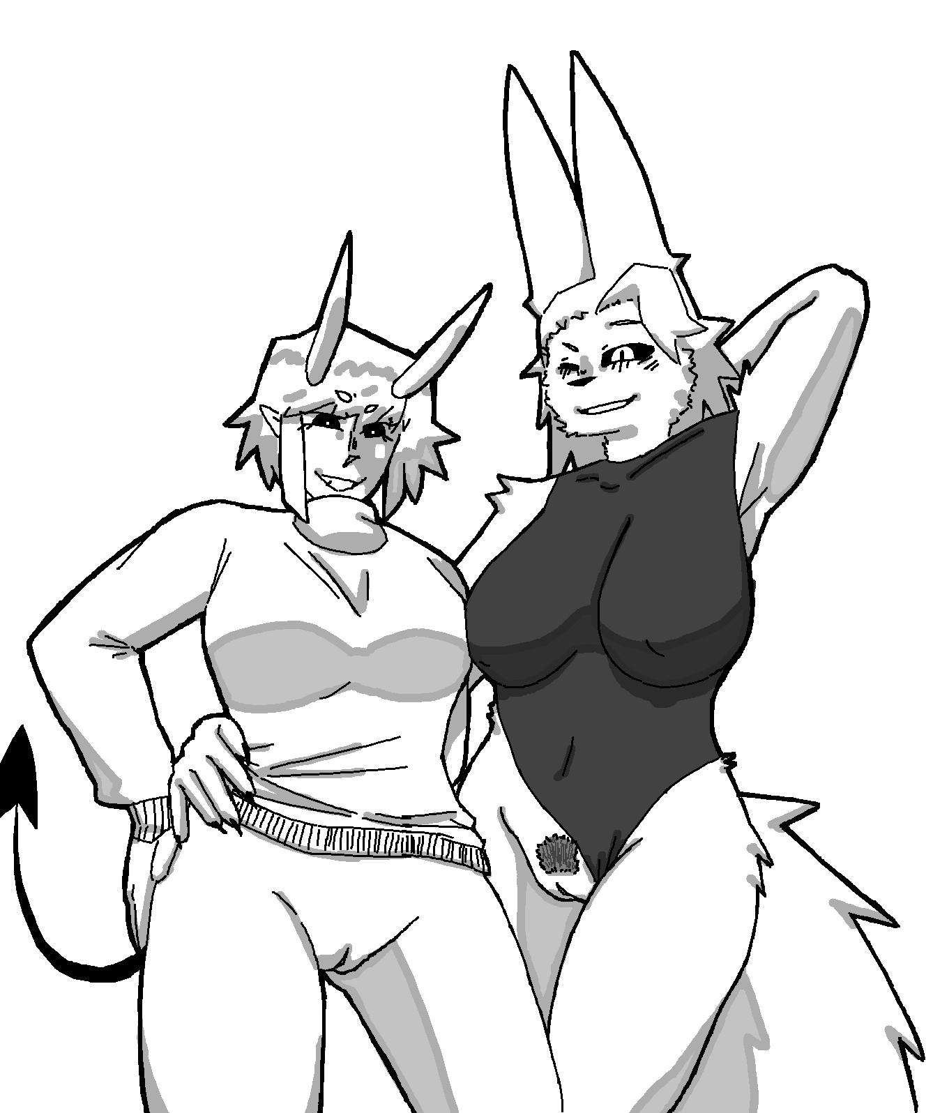 anthro big_breasts bodysuit bottomless bottomless_female breasts clothed clothing clothing_pull creases demon demon_humanoid duo eyebrows eyelashes female female/female fur fur_tuft grin hair hand_behind_head hand_on_hip hi_res holding_waist horn humanoid looking_at_viewer looking_down low-angle_view marcy_(bianchi4607) monochrome one_eye_closed petal_hair piantan plant plant_hair pseudo_hair pubes pubes_exposed pulled_to_side quince_(quincebleene) quincebleene shaded simple_background skinsuit smile smirk spade_tail spiked_tail spikes spikes_(anatomy) spiky_hair spread_legs spreading succubus sweater sweater_pull tail thighs_together tight_clothing topwear topwear_pull tuft turtleneck