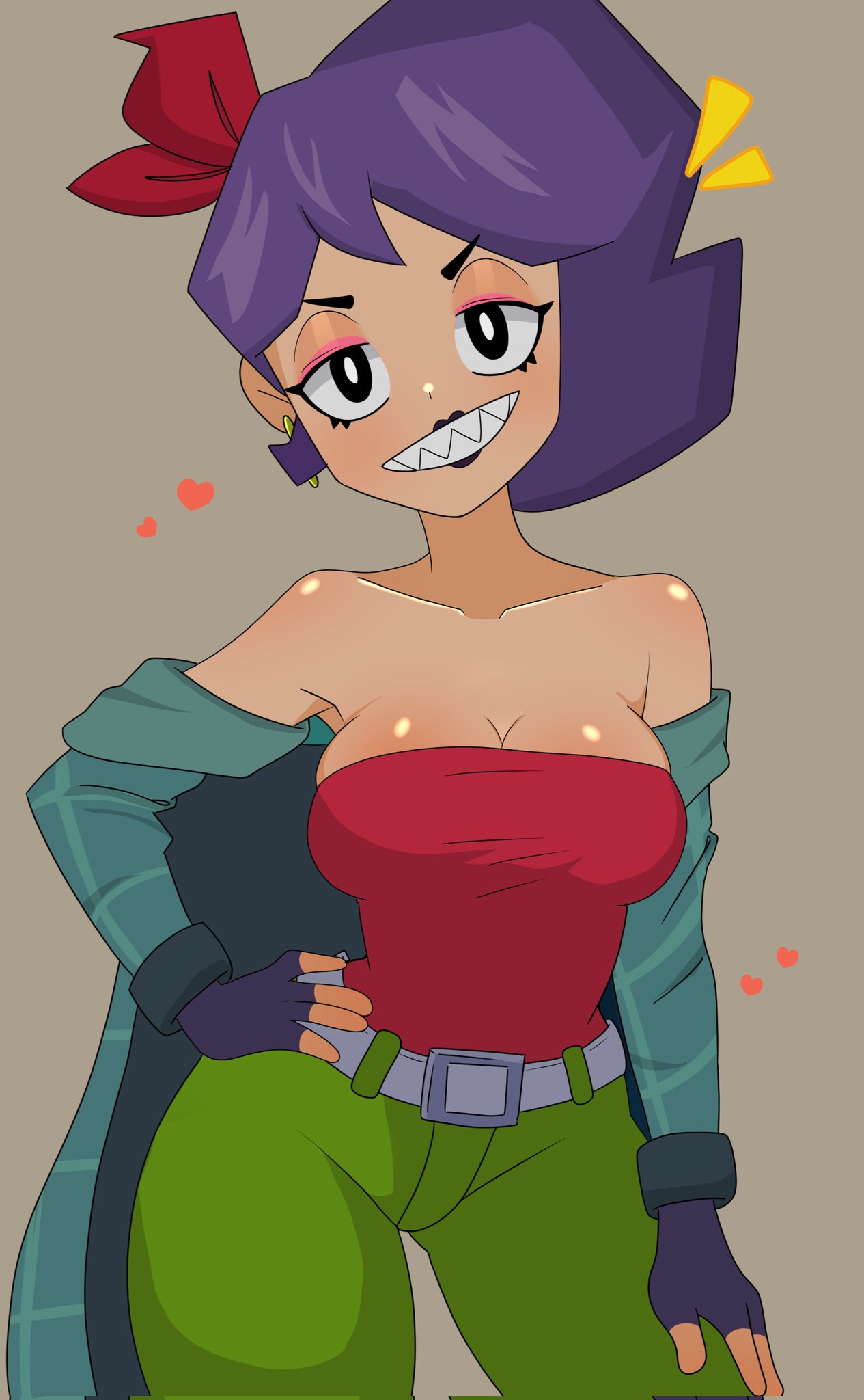 big breasts, big thighs, big titties, brawl stars, breasts, clothing, curvaceous, curvaceous female, curvaceous figure, curvy, curvy figure, curvy hips, female, female focus, female only, jeans, lola (brawl stars), looking at viewer, purple hair, rebel lola (brawl stars), short hair, supercell, takuni01