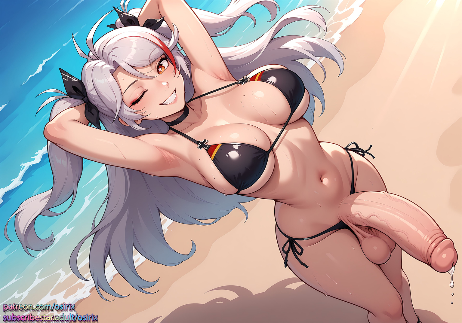 1futa, 2025, ai generated, azur lane, balls, ballsack, cock, dick, dickgirl, futa focus, futa only, futa sans pussy, futanari, high quality, high resolution, highres, intersex, long hair, osirix, penis, precum, precum drip, precum string, prinz eugen (azur lane), testicles, white hair, wink, winking, winking at viewer, winking eye