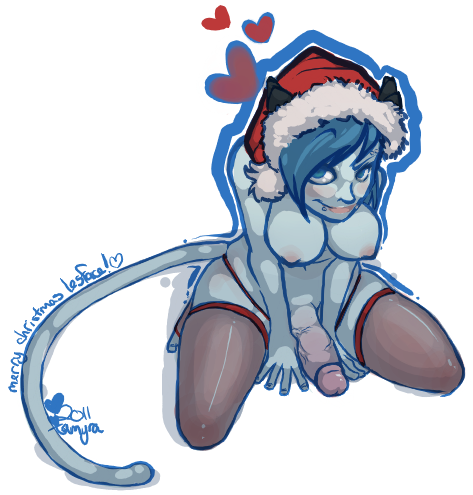 blue_hair christmas demon_girl dickgirl erection futanari horns kneesocks monster_girl penis tail tamyra