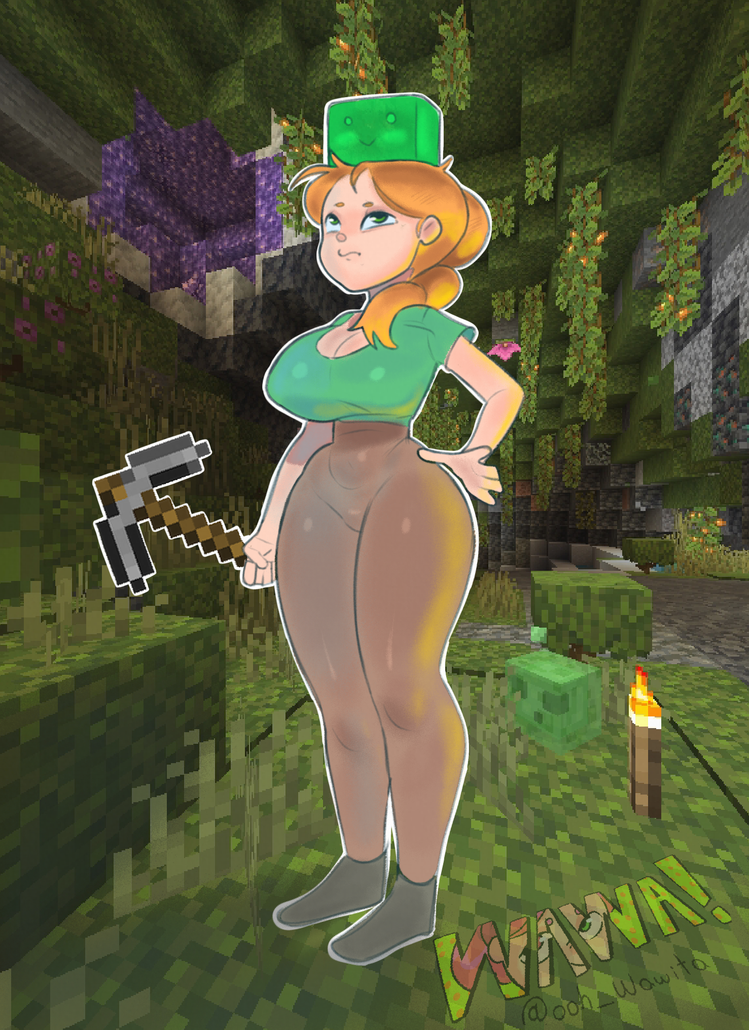 1girls, alex (minecraft), breasts, dress, female, green shirt, large breasts, light skin, light-skinned female, looking at partner, minecraft, notwawita, orange hair, slime, slime (minecraft), thighs