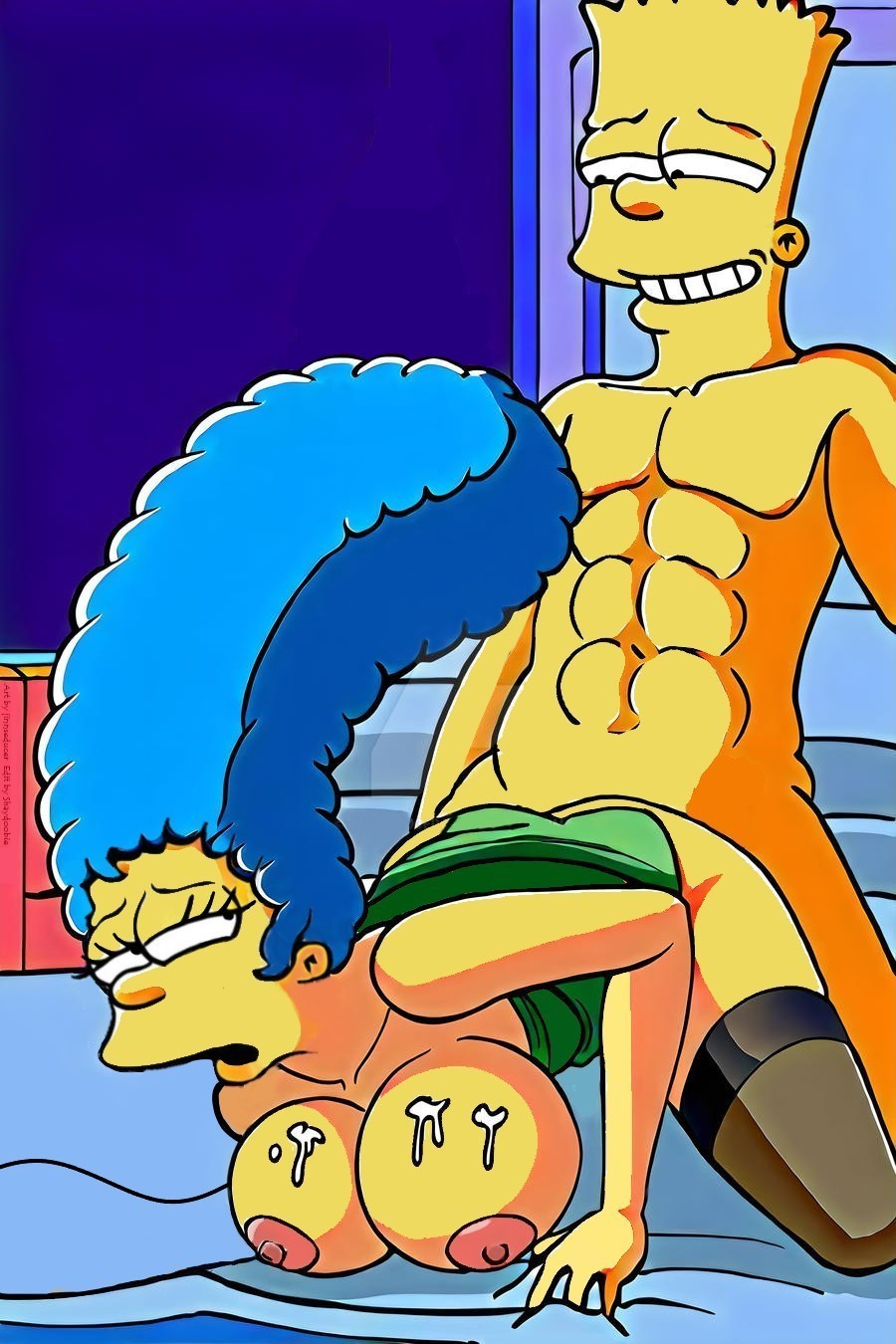 abs, ai generated, bart simpson, bed, blue hair, breasts, cum on breasts, edit, female, green dress, incest, marge simpson, mother and son, six pack, stockings, the simpsons, yellow skin