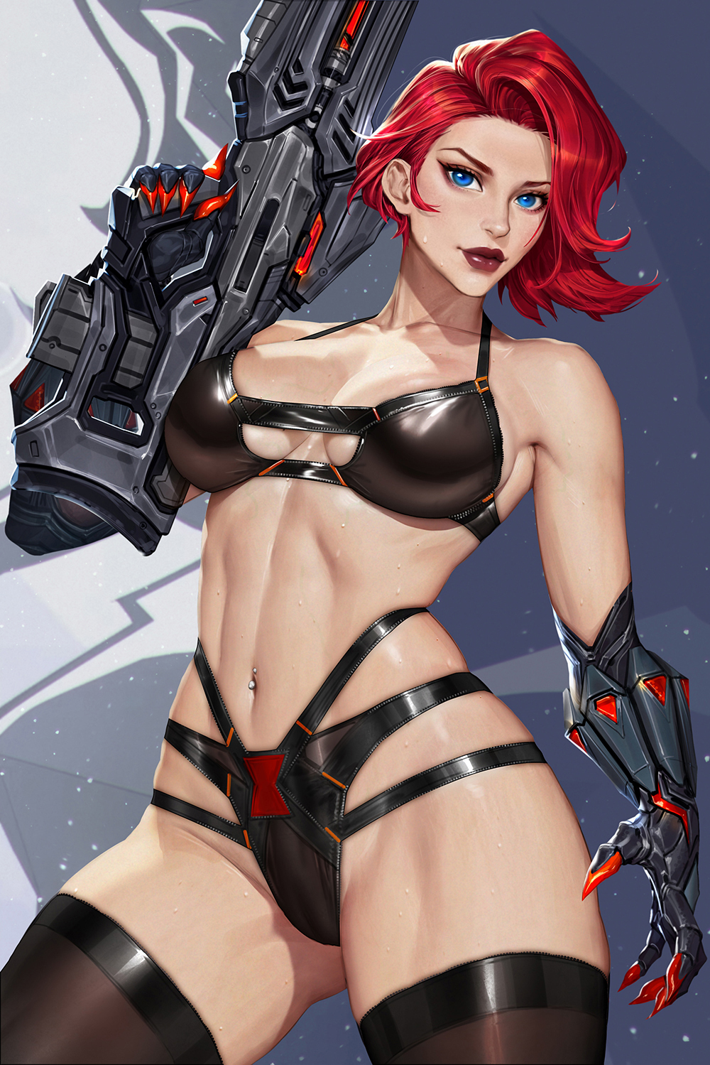 avengers, bikini, black bikini, black bra, black gloves, black panties, black socks, black underwear, black widow, black widow (marvel rivals), black widow (marvel), blue eyes, breasts, clawed gauntlets, closed mouth, collarbone, cowboy shot, english commentary, eyelashes, female, gloves, gun, highres, holding, holding gun, holding weapon, linea alba, lips, looking at viewer, marvel, marvel comics, marvel rivals, mixed-language commentary, multiple straps, natasha romanoff, navel piercing, neoartcore, piercing, pose, posing, posing for the viewer, red hair, short hair, solo, stockings, sweat, swimsuit, thai commentary, thighhighs, tight clothing, weapon