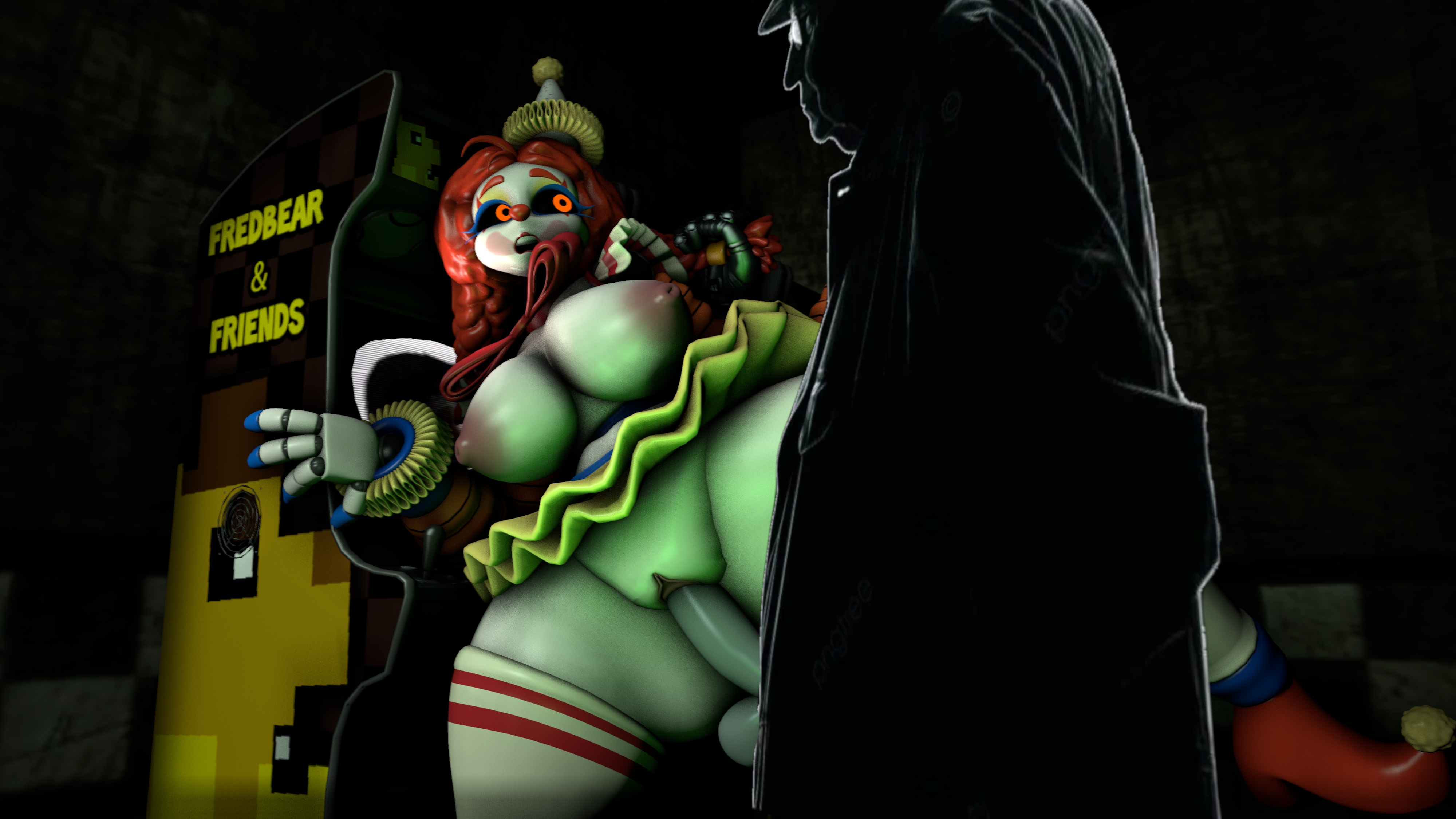 3d, against surface, arcade, arcade machine, ass, big areola, big ass, big breasts, big butt, big nipples, big penis, big thighs, breasts, clown, clown girl, clown makeup, clown nose, consensual, consensual non consent, dark penis, edwin, edwin murray, female, five nights at freddy's, five nights at freddy's: secret of the mimic, hair grab, huge ass, huge thighs, jackie (fnaf), jackie (mishuuyu), lifted leg, lifted skirt, male, maxwell the cat, meme, mishuyuu, mishuyuu (modeler), open legs, party hat, penis, pigtail braids, pussy, satire, self upload, shitpost, straight, the mimic (fnaf), twintails, vagina, vaginal insertion, vaginal penetration, vaginal sex