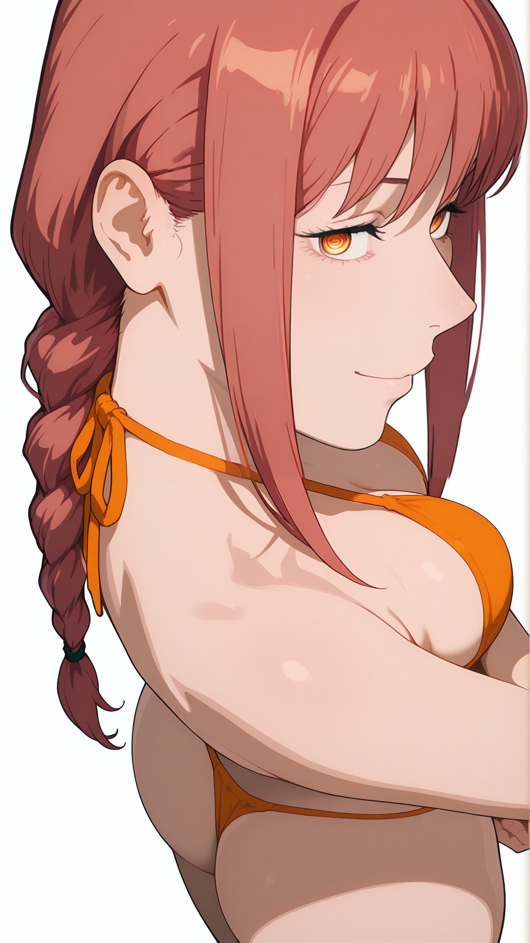 1girls, ai generated, bikini, chainsaw man, female, from above, looking at viewer, makima (chainsaw man), manzuuart, orange hair, stable diffusion, white background