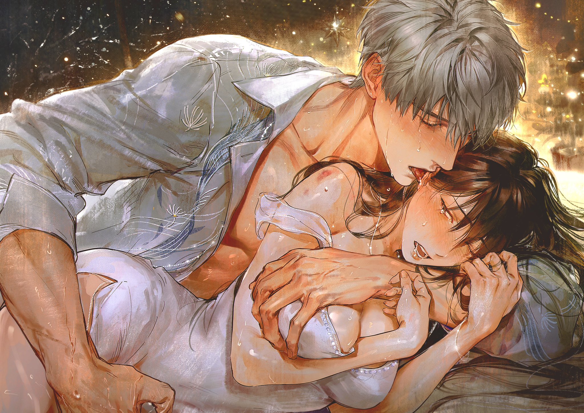 1boy, 1girls, blue eyes, bodily fluids, boob squish, breasts, chimmyming, ear licking, female, fingering, looking at another, looking pleasured, love and deep space, male, on bed, silver hair, xavier (love and deep space)