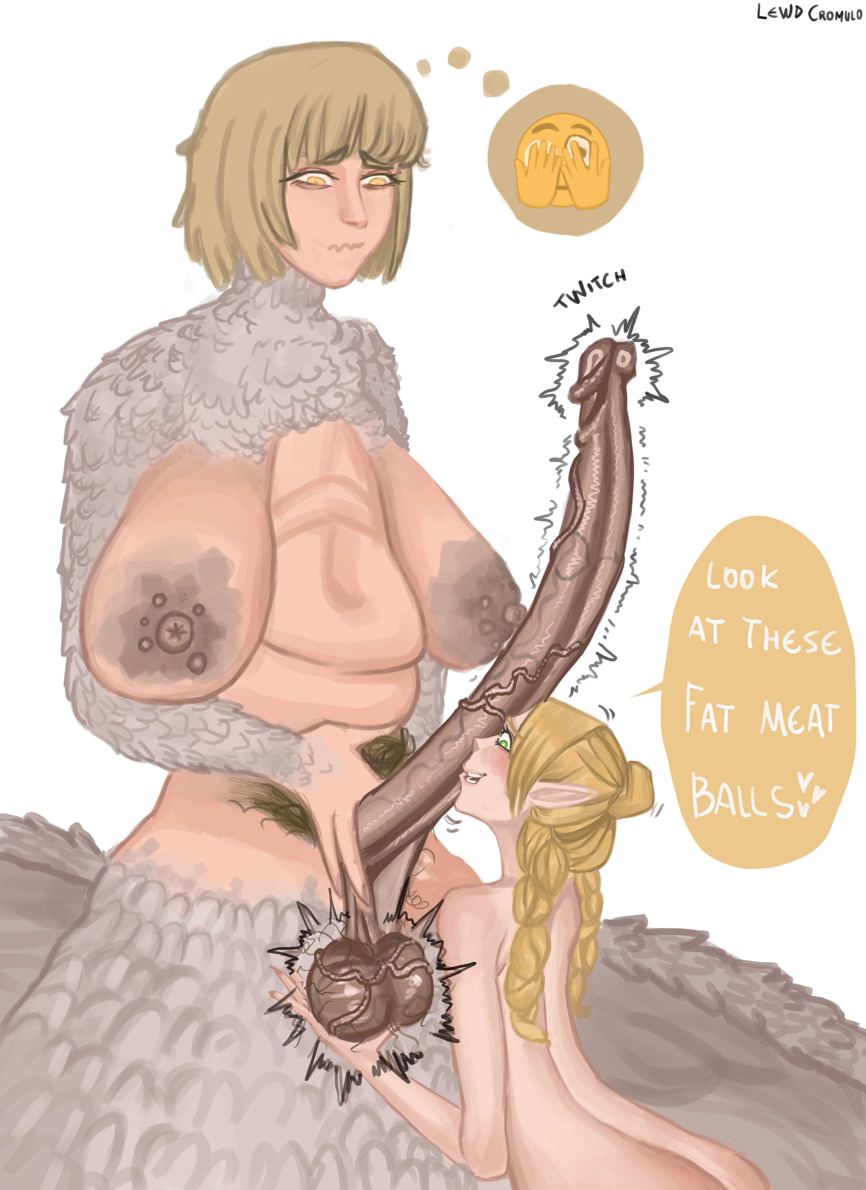 1futa, 1girls, 2024, balls, ballsack, big balls, big penis, breasts, dungeon meshi, english text, falin touden, falin touden (chimera), female, futanari, huge cock, intersex, lewdcromulo, long penis, marcille donato, penis, sagging breasts, tagme, testicles, veiny balls, veiny testicles