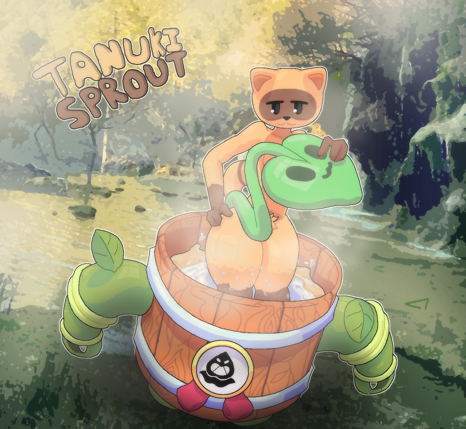 bath, brawl stars, deltarxt, female, furry, furry only, leaf, nature, nature background, nude, nude female, sprout (brawl stars), tanuki, tanuki girl, tanuki sprout (brawl stars)