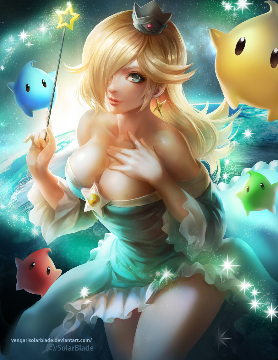 blonde hair, blue eyes, breasts, cleavage, crown, dress, female, hair over one eye, human, large breasts, long hair, mario (series), nintendo, princess rosalina, standing, super mario galaxy, vengarlsolarblade, wand