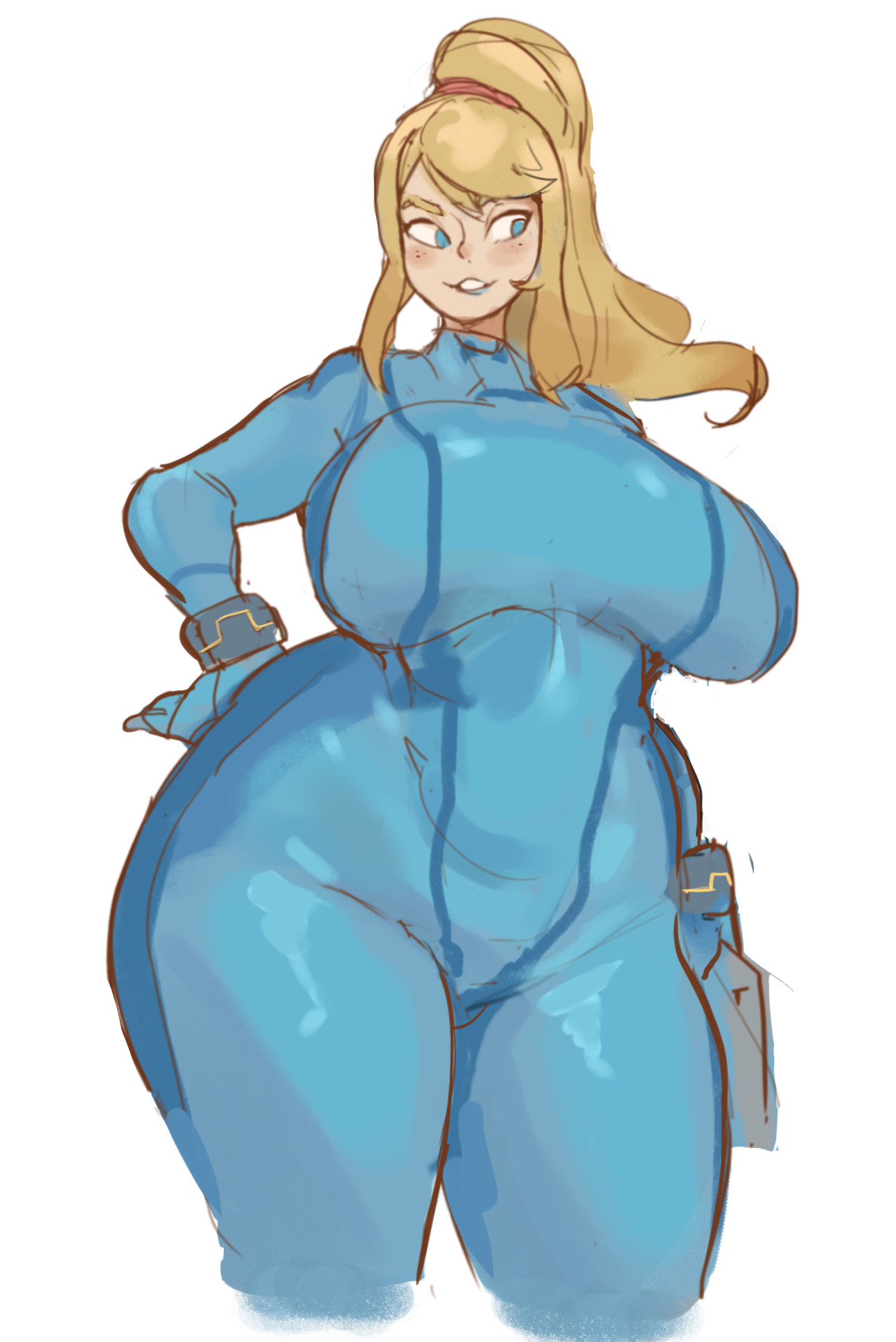 1girls, alternate breast size, big breasts, big thighs, blonde hair, blue eyes, blue outfit, bodysuit, breasts, child bearing hips, clothing, enormous breasts, enormous thighs, female, female only, gigantic breasts, gigantic thighs, gikowinko, huge breasts, huge thighs, human, human only, large breasts, large thighs, light skin, light-skinned female, mammal, massive breasts, massive thighs, mature, mature female, metroid, mommy, nintendo, ponytail, samus aran, solo, solo female, solo focus, thick thighs, thighs, tight bodysuit, tight clothing, voluptuous, voluptuous female, white background, wide hips, zero suit samus