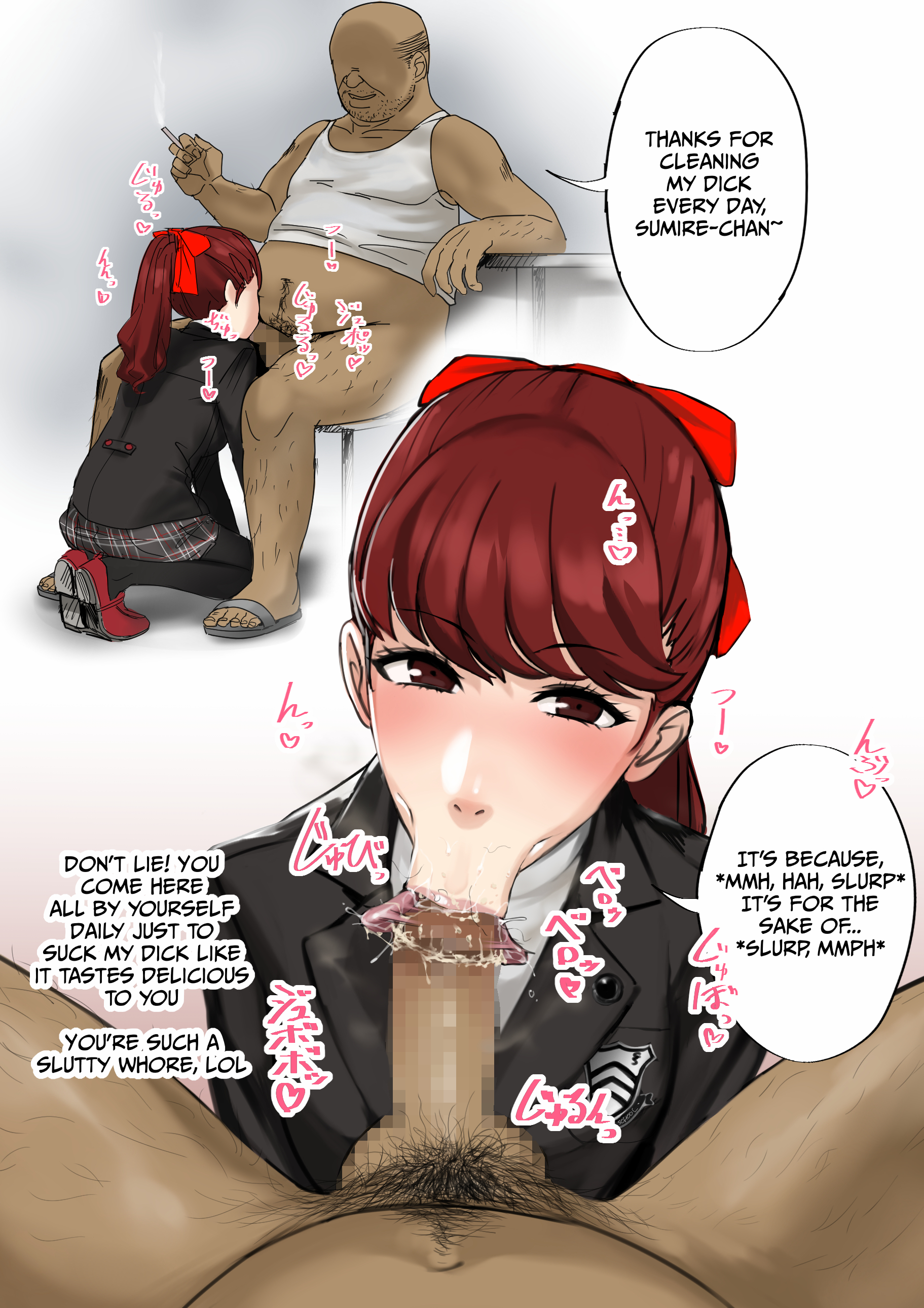 :>=, akizora, blowjob, blowjob face, censored, cleaning fellatio, english, english text, fellatio, female, foreskin, japanese text, kasumi yoshizawa, kneeling, kneeling oral position, male, moral degeneration, older male, oral, oral sex, penis, persona, persona 5, ponytail, pubic hair, red eyes, red hair, school uniform, schoolgirl, smegma, smegma in foreskin, smegma in mouth, smoking, smoking cigarette, stray pubic hair, sumire yoshizawa, text, translated, uncircumcised, vacuum blowjob, vacuum fellatio, vacuum suck, vacuum-like fellatio