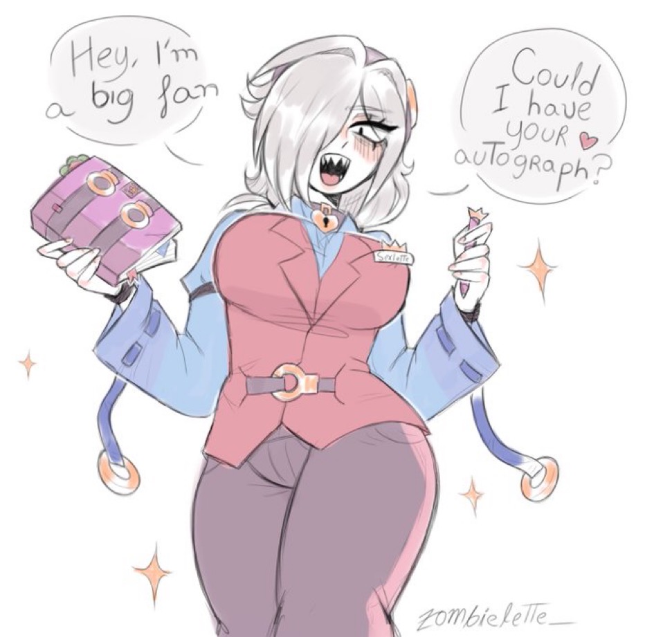 brawl stars, clothed, colette (brawl stars), curvy figure, female, scrapbook, white hair, wide hips, work clothes, zomlette