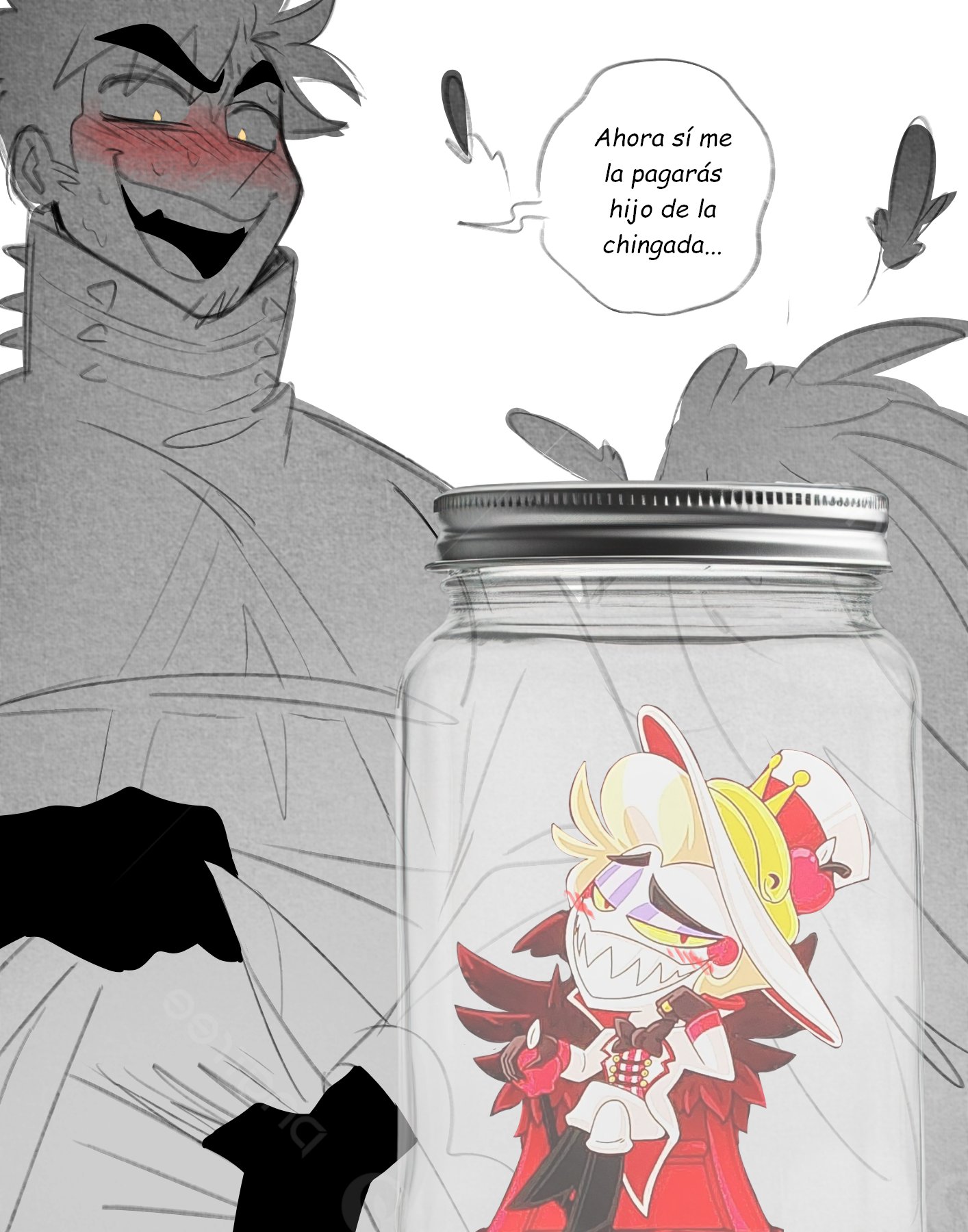 adam (hazbin hotel), black gloves, blush, cum in jar, cum jar, cum jar (meme), desperate face, figurine, hazbin hotel, holding dress, horny, jar, lucifer morningstar (hazbin hotel), male, male focus, male only, male/male, pulling dress, smiling, spanish, spanish dialogue, spanish text, sweat, sweating, sweaty, text, tiolimond, wings, yellow eyes, youtooz